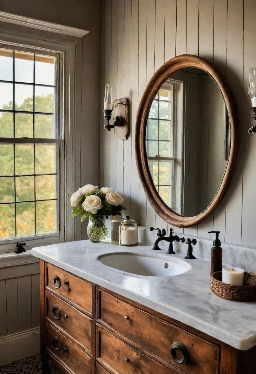 Vintage-style bathroom with a wooden vanity, marble countertop, oval mirror, and antique wall sconces

