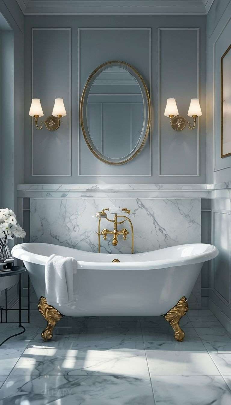 White claw-foot bathtub with ornate gold feet and brass faucet set against dove-grey panel walls and Calacatta marble.