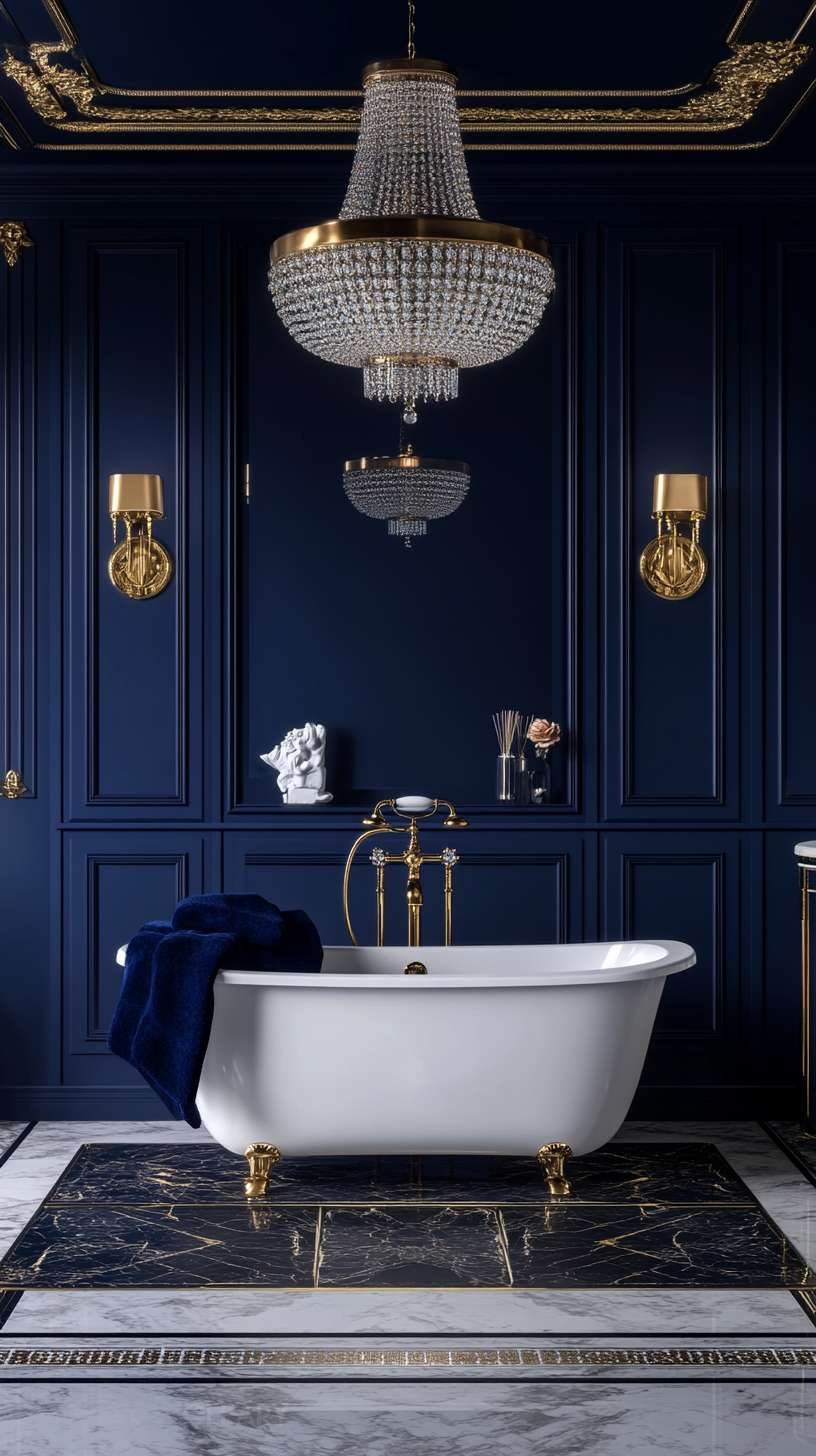 White slipper bathtub with gold claw feet under crystal chandelier, set against navy panel walls and black-gold marble inlay.
