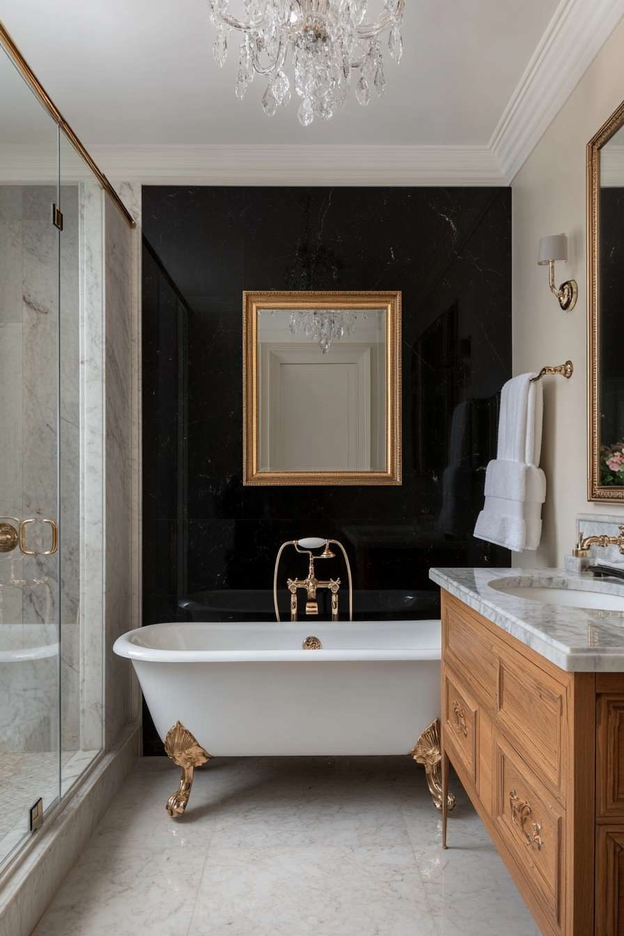 White claw-foot bathtub with gold feet and brass filler set against black marble slab, crystal chandelier above, oak vanity with marble top beside glass shower.