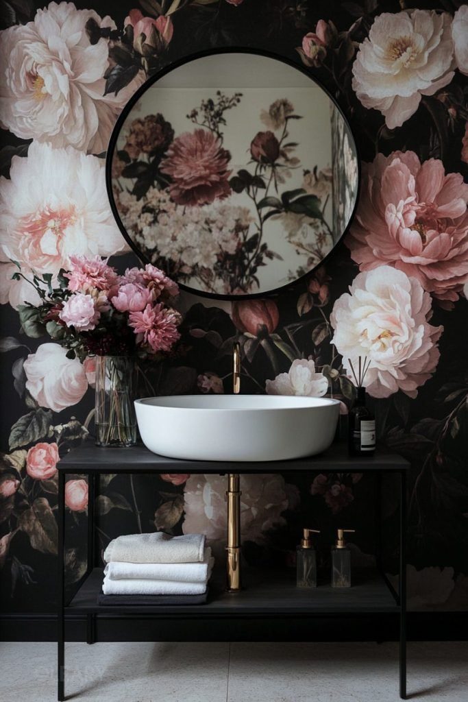 Hand-built basins, vanities, mirrors, niches and shelves—crafted in mineral composite, powder-coated steel and brushed brass—turn any powder room into a high-contrast floral statement.