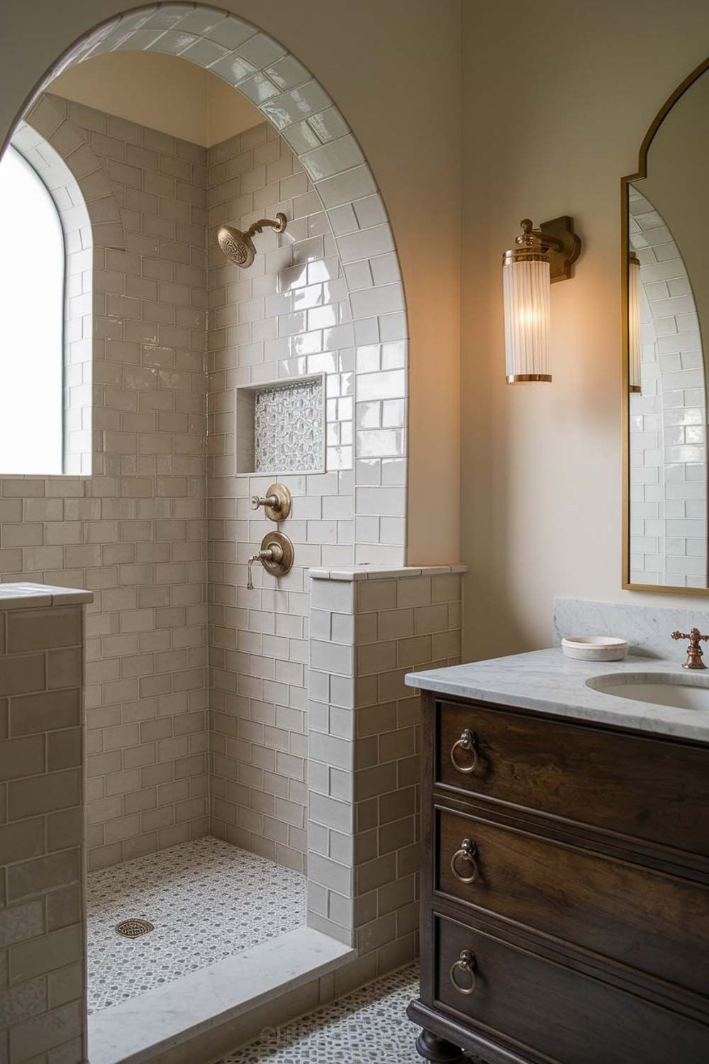 Mediterranean-style bathroom featuring an arched walk-in shower with ivory subway tiles, patterned mosaic floor, built-in wall niche, brushed-brass fixtures and a walnut vanity with marble top.