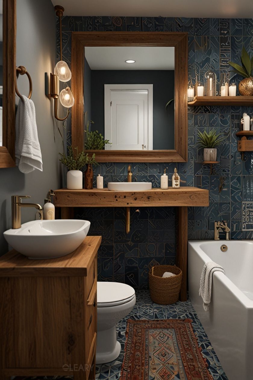 Modern-farmhouse bathroom with white solid-surface countertop and integrated sink on honey-oak vanity, brass wall sconces and faucet, white subway-tile walls, exposed wood beams, and partial view of claw-foot tub with gold feet.