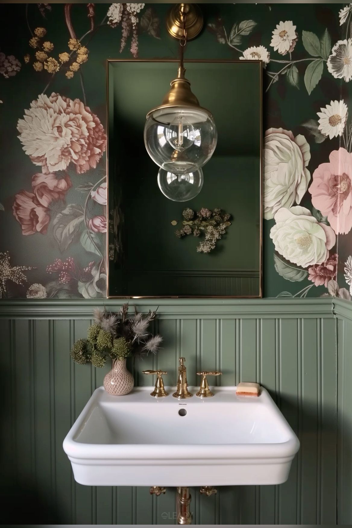Vintage-garden powder room with deep-green floral wallpaper, beadboard wainscot, white wall-hung ceramic basin, brushed-brass three-hole faucet, globe pendant and matching framed mirror.

