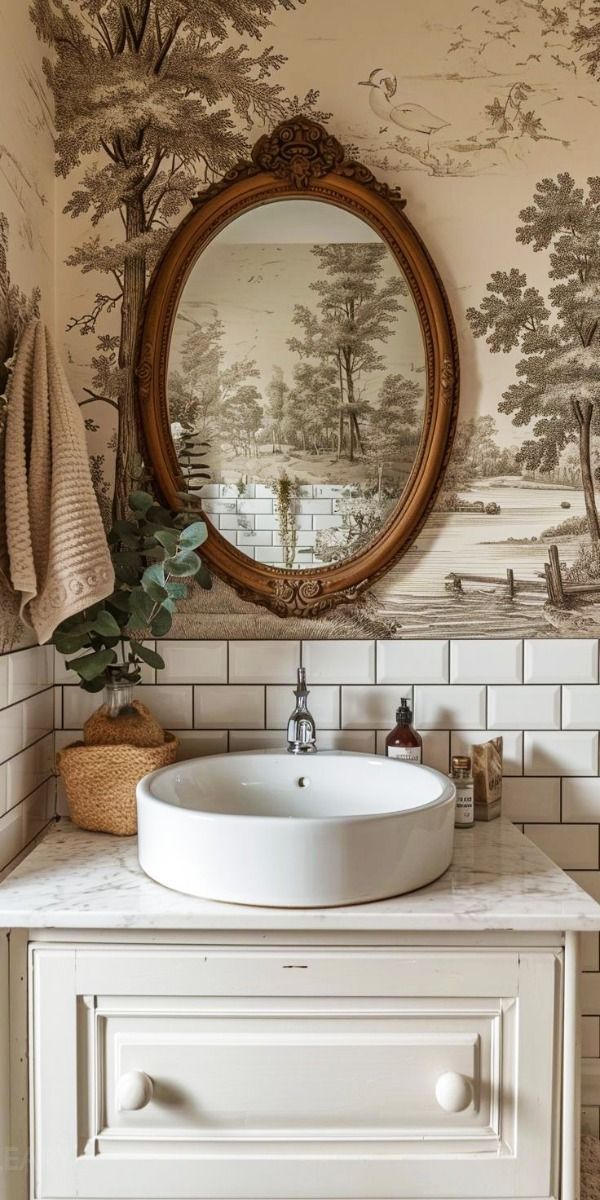 A French country style powder room featuring white subway tiles on the lower half of the wall and monochrome pastoral landscape wallpaper on the upper half. A white classic-style vanity supports a round white ceramic countertop basin and a modern single-handle faucet, topped with a light-colored marble countertop. An ornate oval vintage mirror with a carved wood frame hangs above the basin.