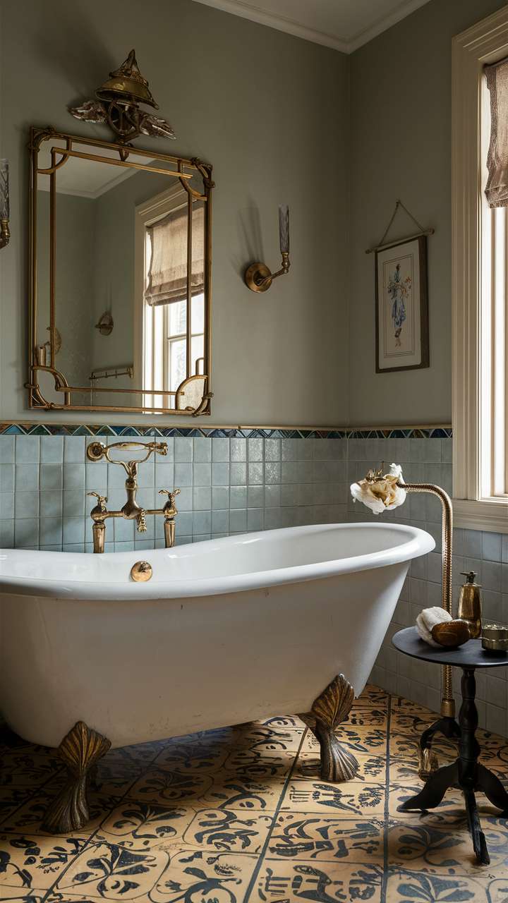 A vintage European-style bathroom with a white clawfoot bathtub as the centerpiece, equipped with gold/brass tub faucets and a freestanding shower column. The lower half of the walls is tiled with light blue square tiles and a decorative border, while the floor features intricate black, white, and yellow patterned tiles. An ornate gold/brass carved frame mirror hangs on the wall, flanked by vintage wall sconces.