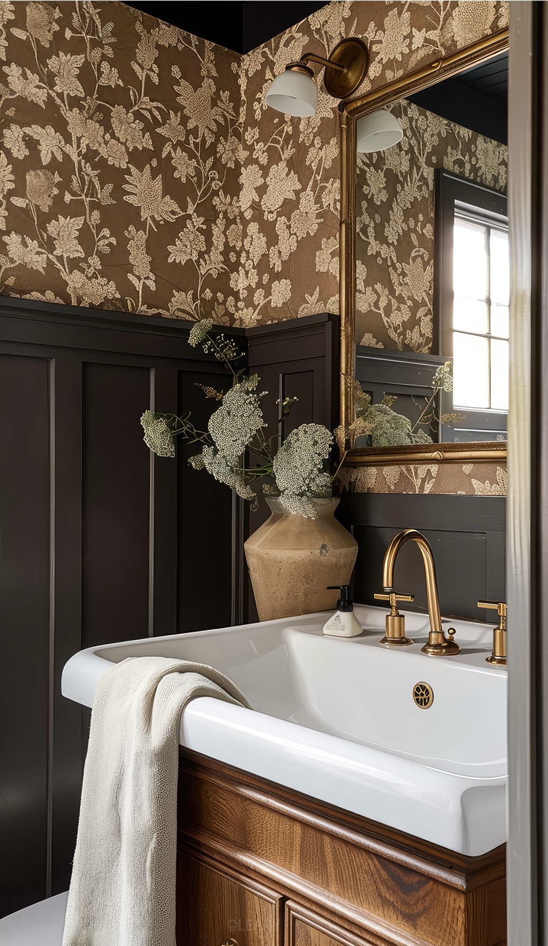 A luxurious 2025 traditional bathroom design featuring a white ceramic farmhouse-style basin atop a custom dark wood vanity, complemented by antique brass wall-mounted faucets. The backdrop includes dark wood paneling and rich brown floral wallpaper, with an ornate gilt-framed mirror and vintage-style sconce.