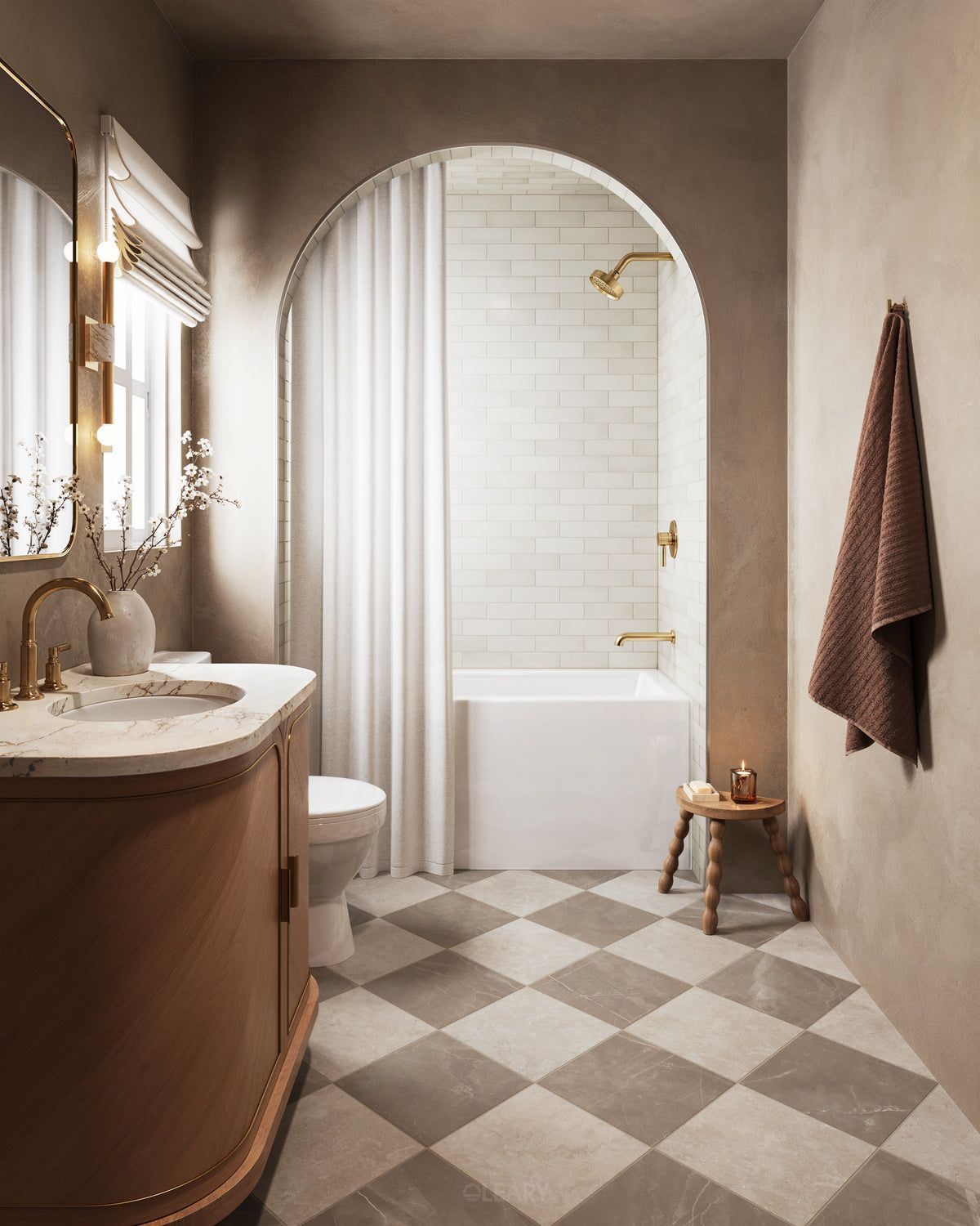 A 2025 warm contemporary bathroom design featuring a striking arched alcove with a built-in bathtub and shower, white tiled interior, and brass fixtures. A custom curved wooden vanity with a light stone countertop and undermount sink sits adjacent, complemented by an arched mirror, warm plaster-effect walls, and a muted checkerboard tile floor.