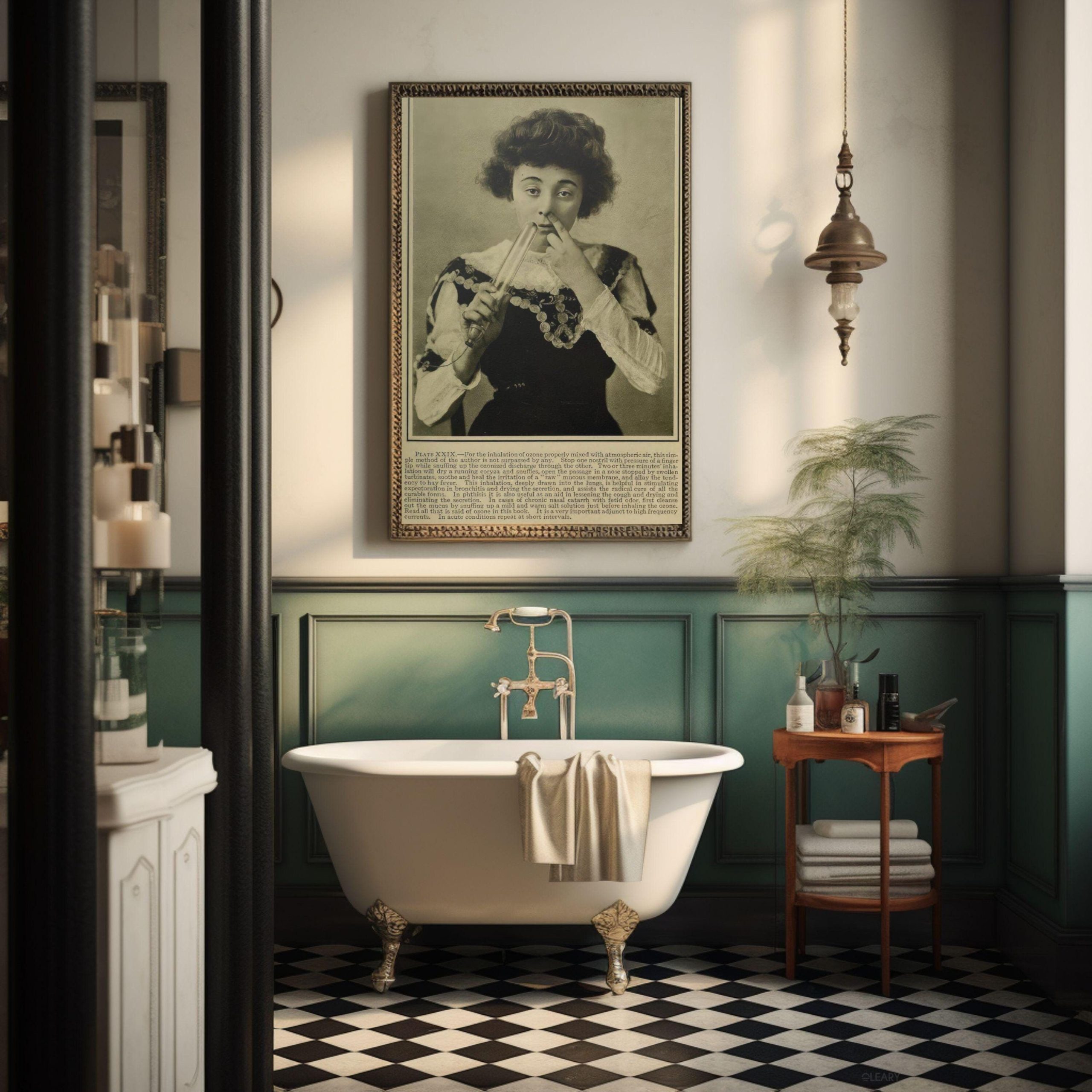 A luxurious 2025 Victorian-inspired bathroom featuring a white freestanding clawfoot bathtub with ornate gold/brass feet and a classic deck-mounted brass faucet. The bathtub is set against a dramatic backdrop of dark teal or deep green-blue panelled wainscoting and lighter upper walls adorned with a large, ornate framed portrait. A vintage pendant light hangs above, and the floor is classic black and white checkerboard tile.