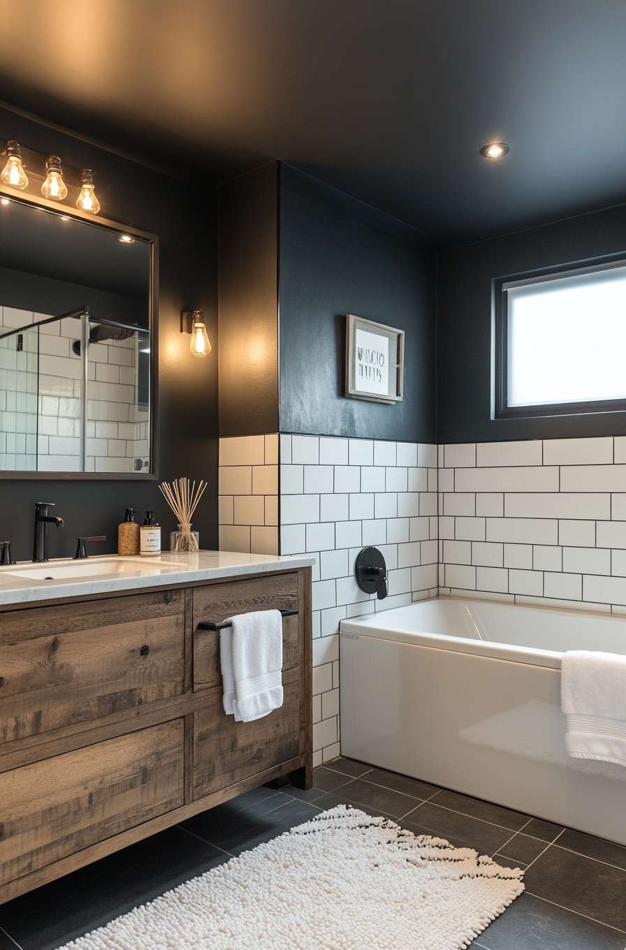 A 2025 Modern Farmhouse/Rustic Industrial bathroom featuring a characterful rustic wooden vanity with a light stone countertop, undermount sink, and matte black faucets. A rectangular mirror hangs above, against a dramatic dark charcoal or near-black upper wall, contrasted with white subway tile wainscoting. A built-in shower-over-tub is visible with black fixtures, and the floor has dark grey/black large-format tiles.
