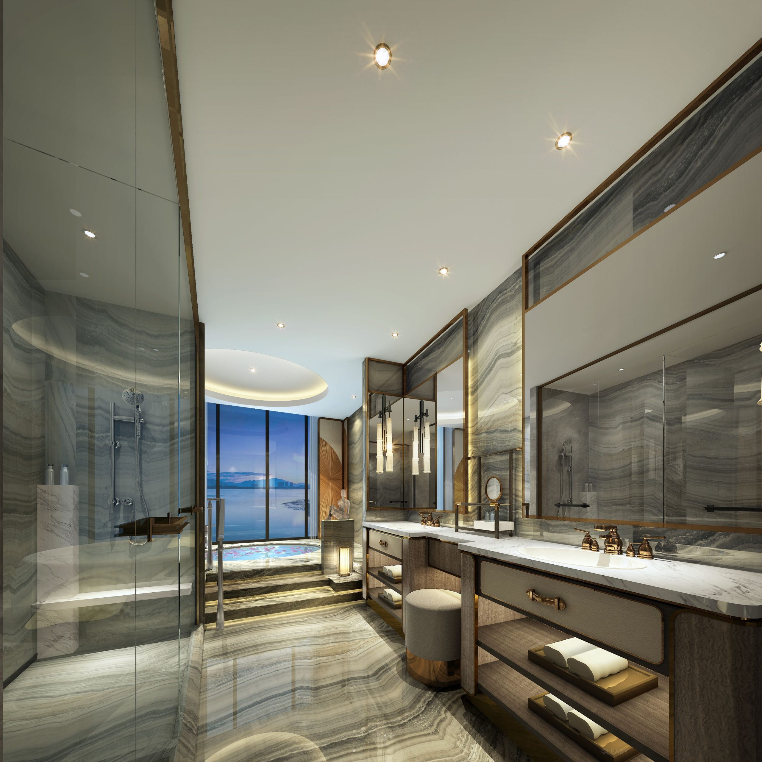 Round recessed jacuzzi bathtub facing a sea view window in a luxurious hotel bathroom, situated on an elevated tiered area.