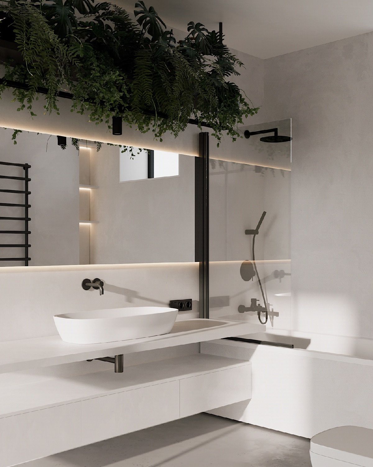 Ultra-modern minimalist bathroom with a white floating double vanity, black wall-mounted faucet, and a large overhead indoor green plant installation, reflecting in a floor-to-ceiling mirror.