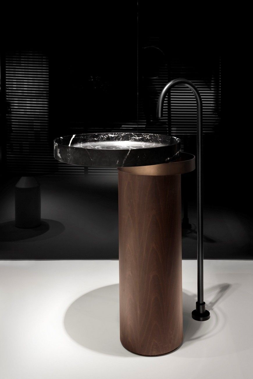 Monolithic Elegance: Sculpting Luxury Bathrooms with Wood Pedestals & Black Marble Sinks
