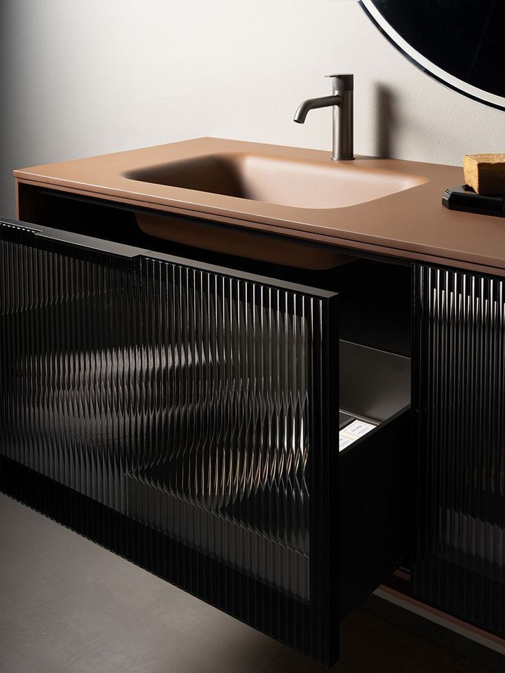 Textural Sophistication: Modern Bathrooms with Fluted Glass Vanities & Earthy Tones