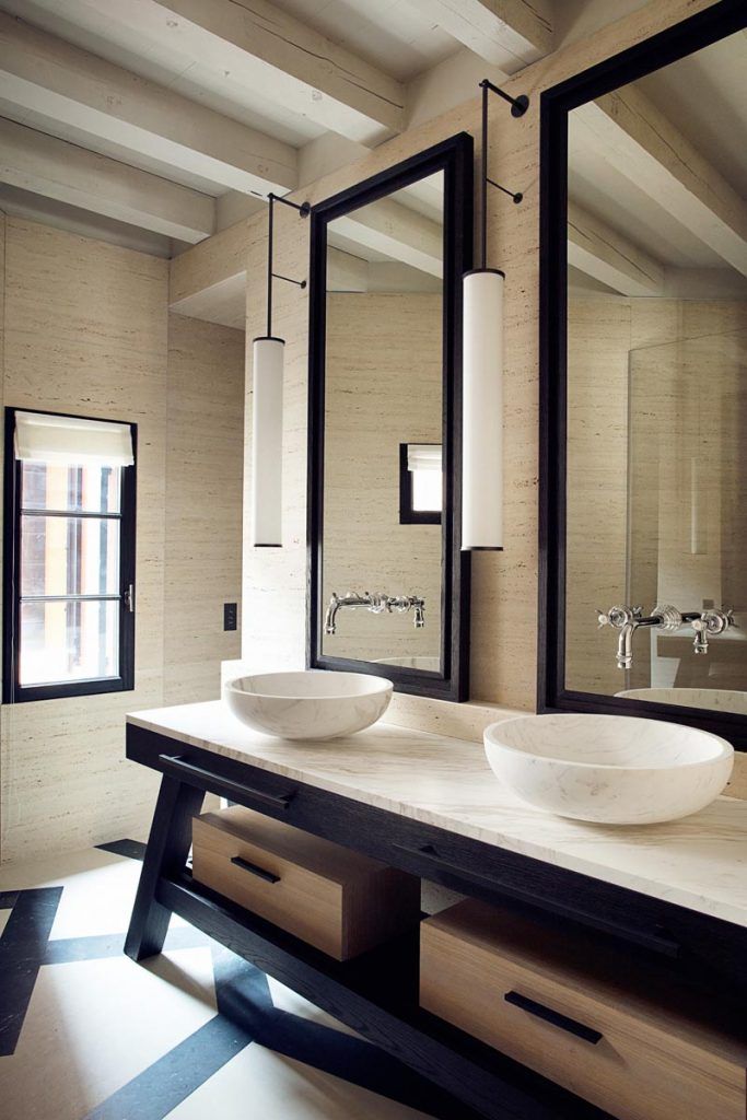 Rustic Modern Fusion: Sculpting Luxury Bathrooms with Travertine Walls & A-Frame Vanities