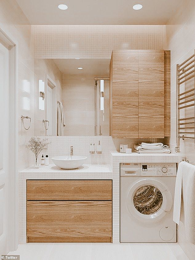 A Scandinavian-style bathroom featuring a light wood vanity seamlessly built around a washing machine, with a white vessel sink and a tall storage cabinet.