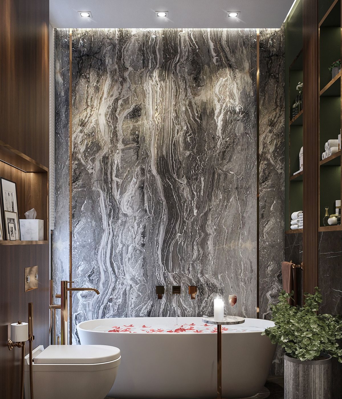 A luxurious modern bathroom featuring a white freestanding oval bathtub with rose petals, set against a dramatic dark grey and white veined marble feature wall framed by gold accents. The space includes gold floor and wall-mounted faucets, dark wood shelving, and a green plant, creating a high-end, artistic spa-like ambiance.