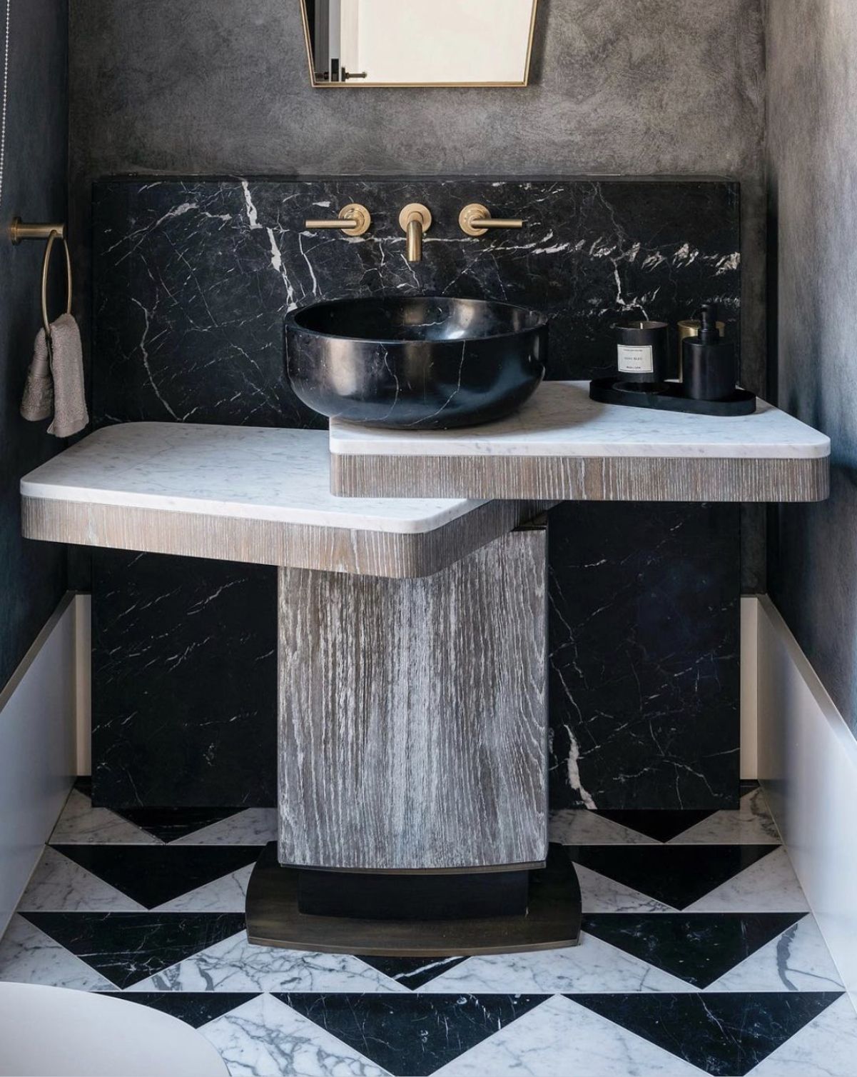 Architectural Masterpiece: Elevate Your Bathroom with a Sculptural Layered Marble Vanity & Black Bowl Sink