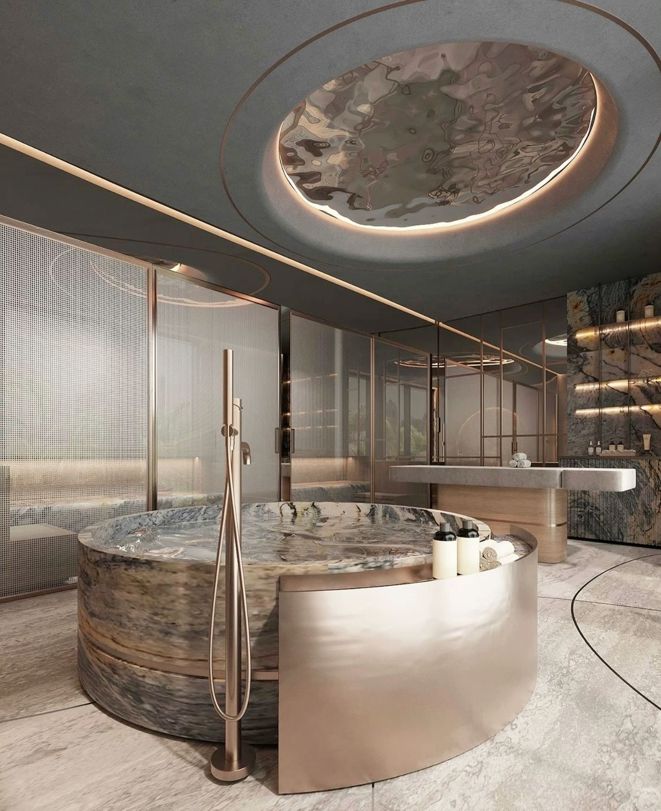 A luxurious modern spa-like bathroom featuring a circular sunken natural stone bathtub with unique veining, surrounded by a curved metallic counter. The space includes translucent mesh partitions, a reflective circular ceiling light feature, and open marble shelving, creating a high-end, resort ambiance.