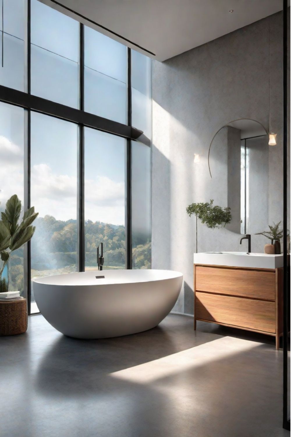 Modern matte white freestanding oval bathtub in front of a floor-to-ceiling window, enjoying outdoor natural views, with the bathroom space filled with sunlight.