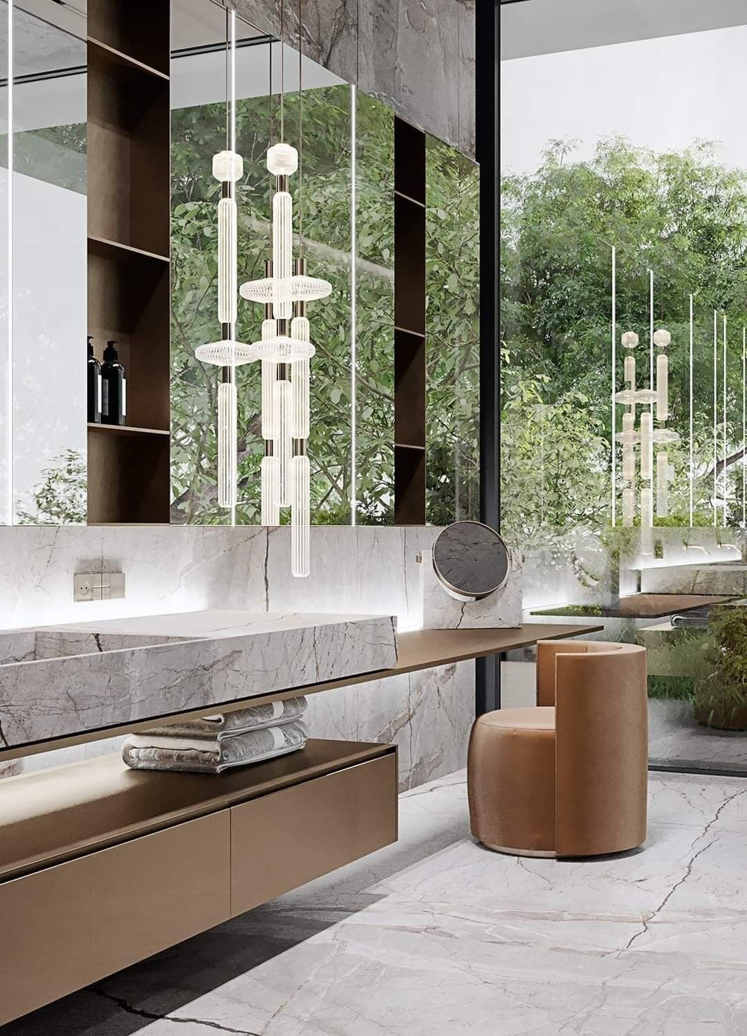Light grey marble vanity with integrated sink in a modern luxury bathroom, featuring floating cabinets and designer pendant lights.
