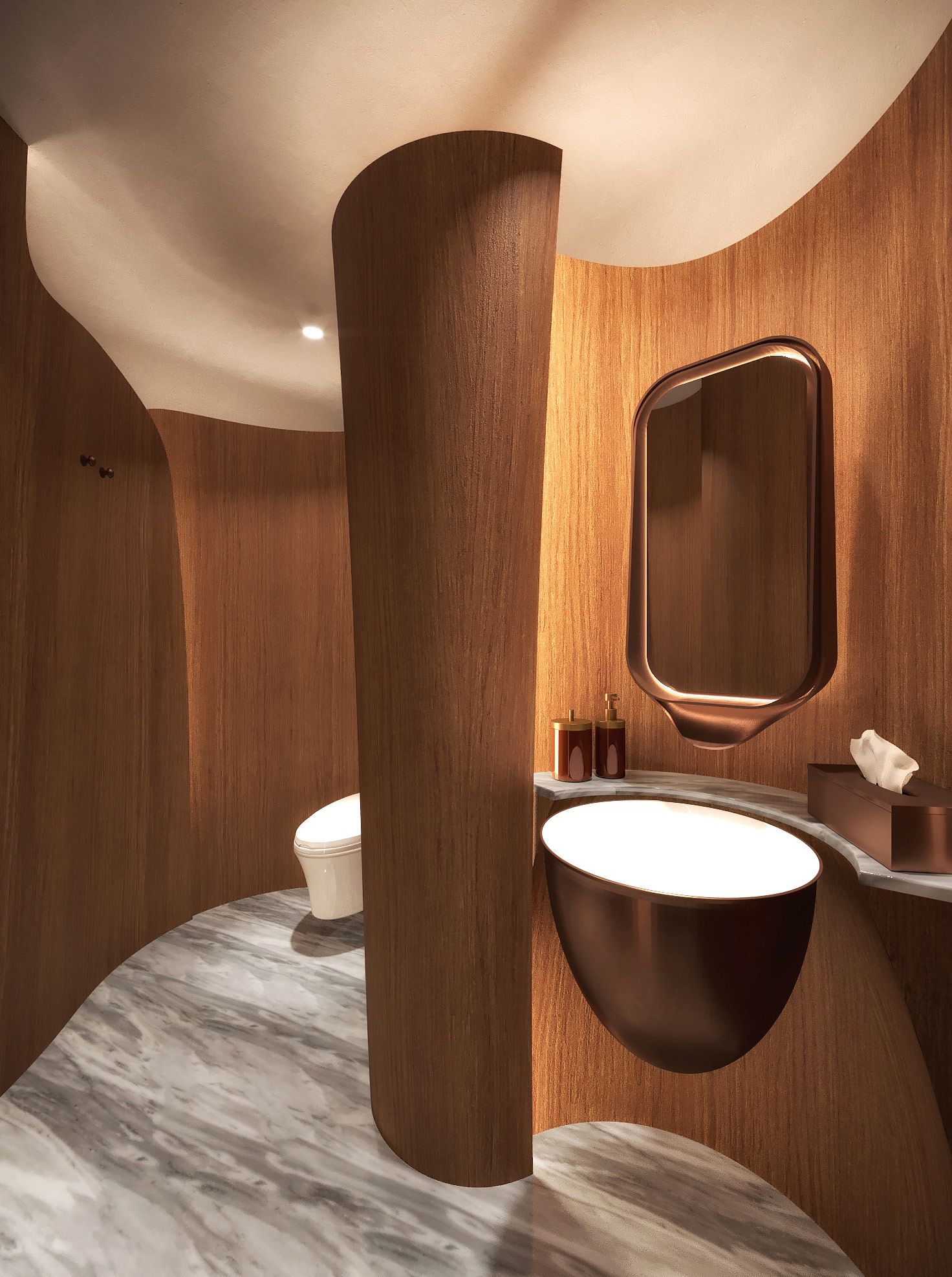 Modern luxury washroom with continuous curved wooden walls, a central curved wooden pillar, a copper-toned floating vessel sink, and an arched mirror, all on a marble floor.