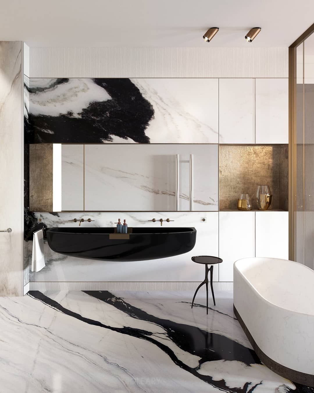 Ultra-luxurious modern bathroom featuring a sleek black wall-mounted integrated trough sink and a pristine white seamless freestanding bathtub, set against dramatic Panda White marble walls and floor, with gold-accented white cabinetry.