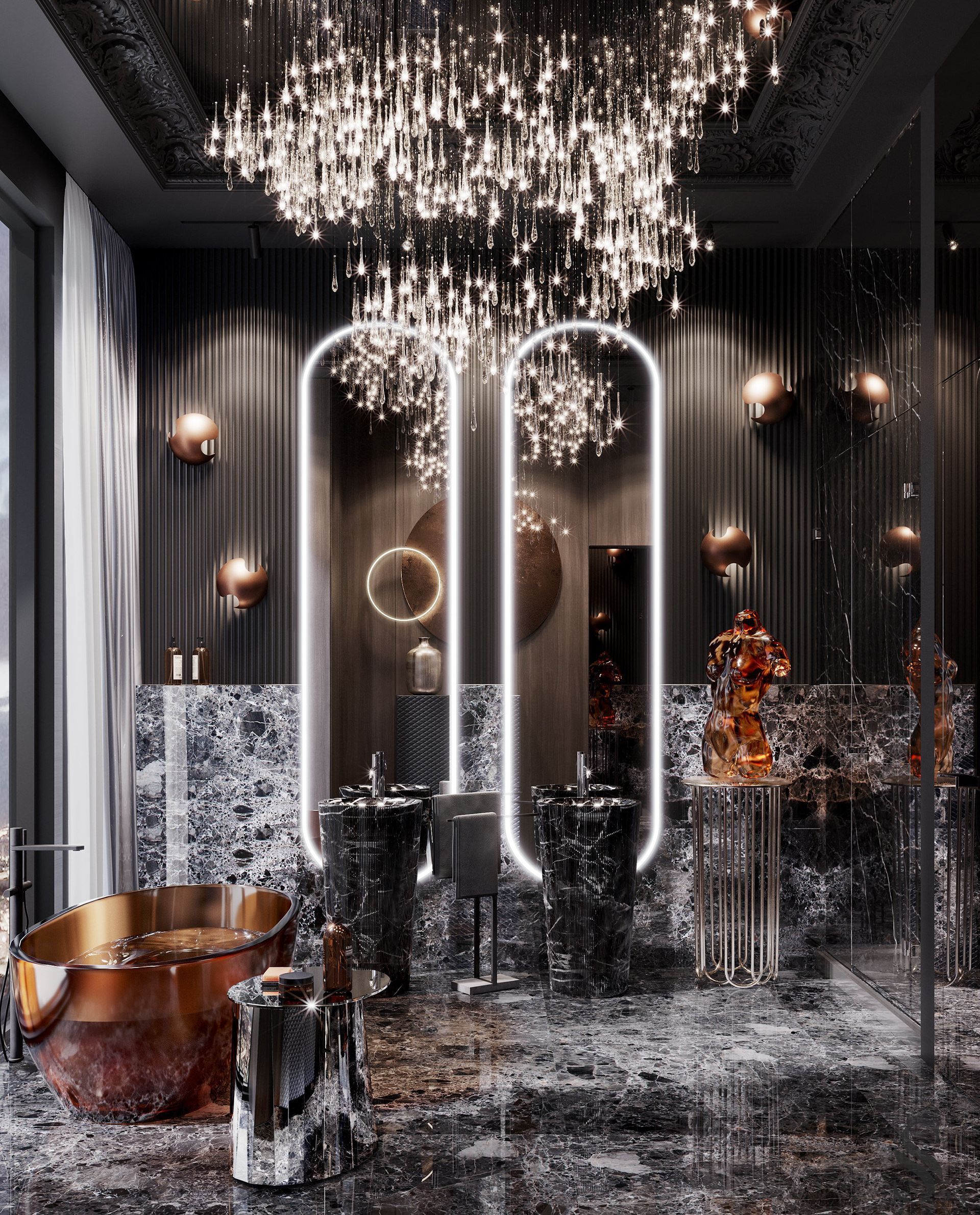 Ultimate Opulence: The Dramatic Pairing of Transparent Bathtubs and Marble Pedestal Sinks