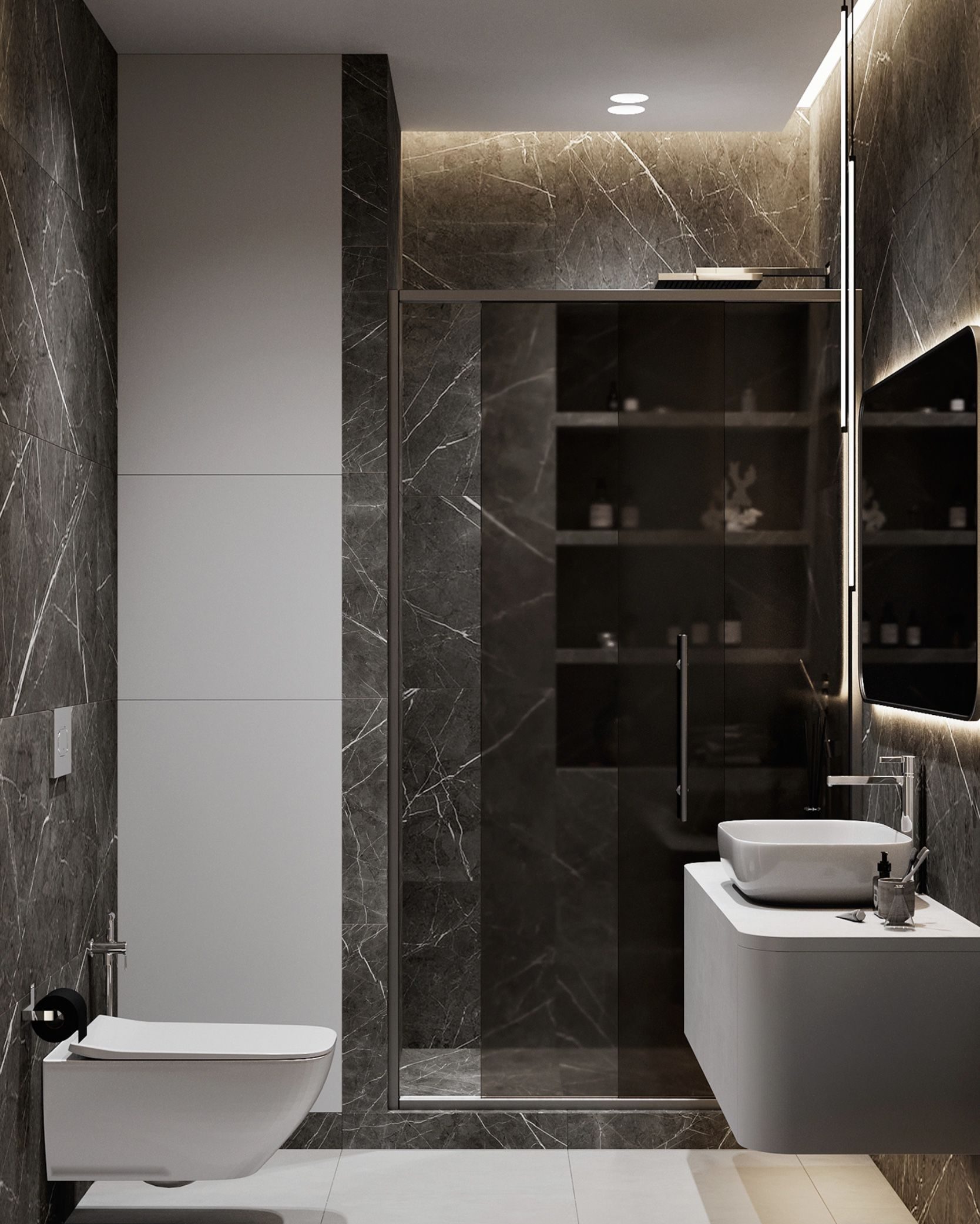 The Aura white floating vanity and glossy rectangular countertop sink showcased in a luxurious modern bathroom with dark marble tiles and a large, vertically-oriented backlit mirror.