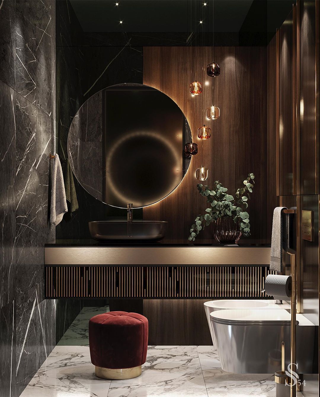 The Lumina slatted wood vanity cabinet with a matte black resin vessel sink, shown in a luxury powder room with a large round backlit mirror, pendant lights, and a dramatic black marble wall.