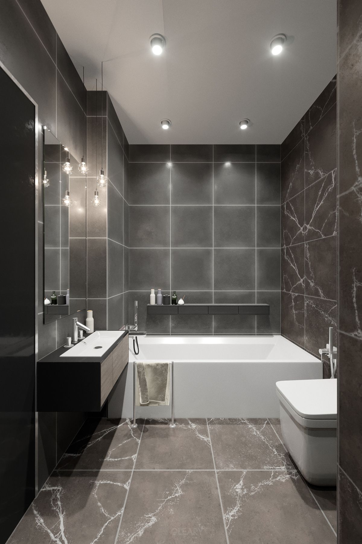A modern bathroom featuring a sleek, black floating vanity with a wood accent, set against a backdrop of large format, grey marble-effect porcelain tiles.