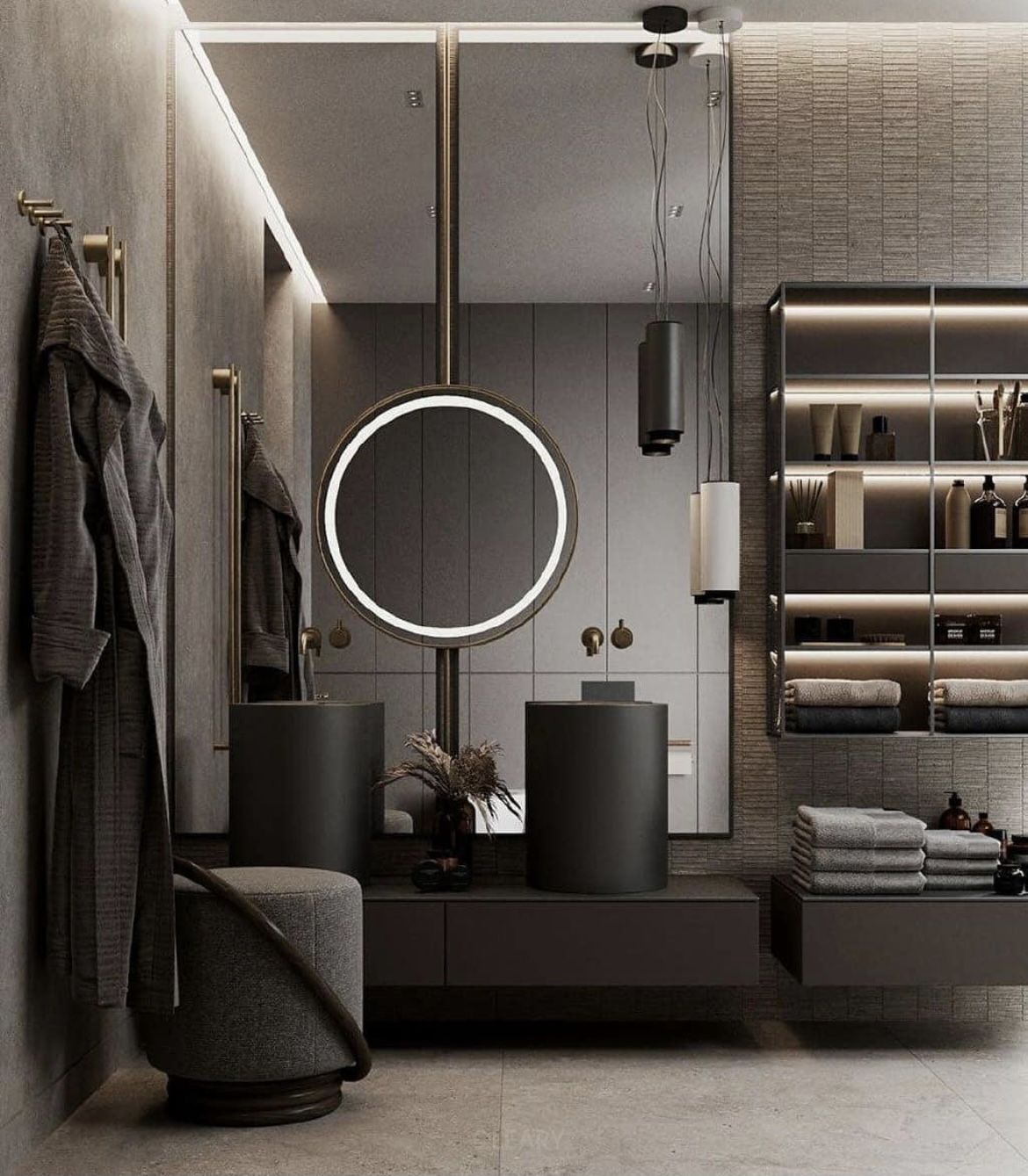 A luxurious, monochromatic dark grey bathroom featuring two tall, cylindrical vessel sinks on a floating vanity, with an integrated round LED mirror and illuminated shelving unit.