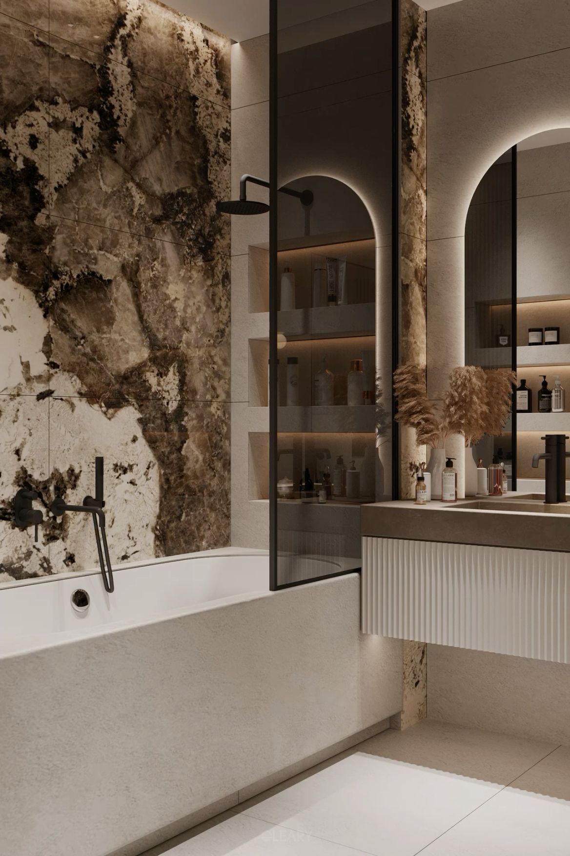 A luxurious modern bathroom featuring a light beige fluted floating vanity, a dramatic brown marble feature wall, a built-in tub, and a backlit arched mirror.