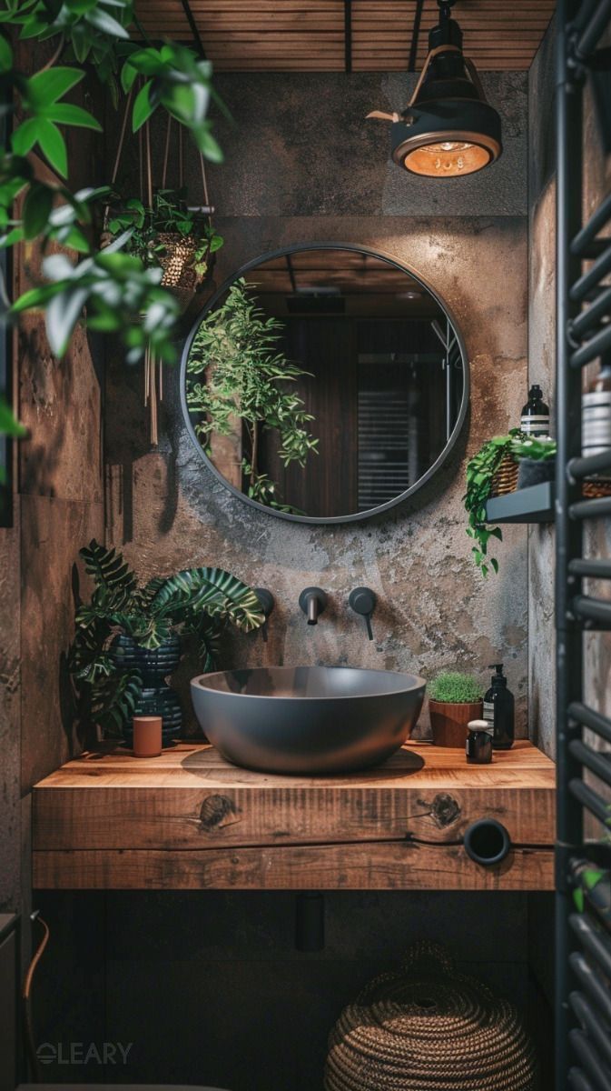A rustic industrial bathroom featuring a thick reclaimed wood slab vanity with a matte black vessel sink, surrounded by lush house plants and set against distressed concrete walls.