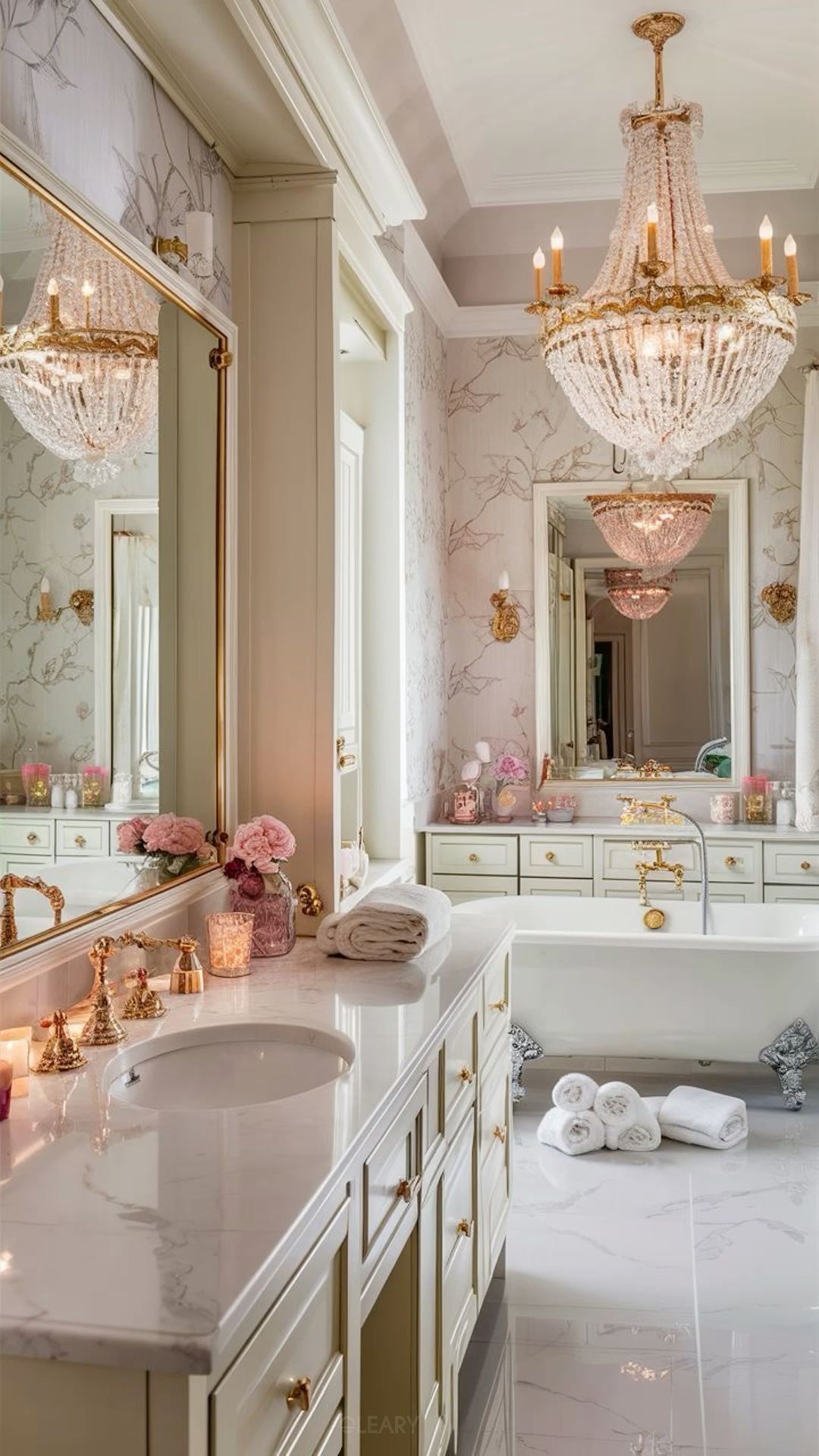 An opulent, classic luxury bathroom featuring a large crystal chandelier, a white freestanding clawfoot tub, and a long off-white vanity with polished brass faucets and hardware.