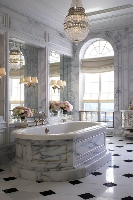 A grand, palatial bathroom featuring a custom white marble bathtub surround with gold trim, a large empire crystal chandelier, and a black and white checkerboard marble floor.