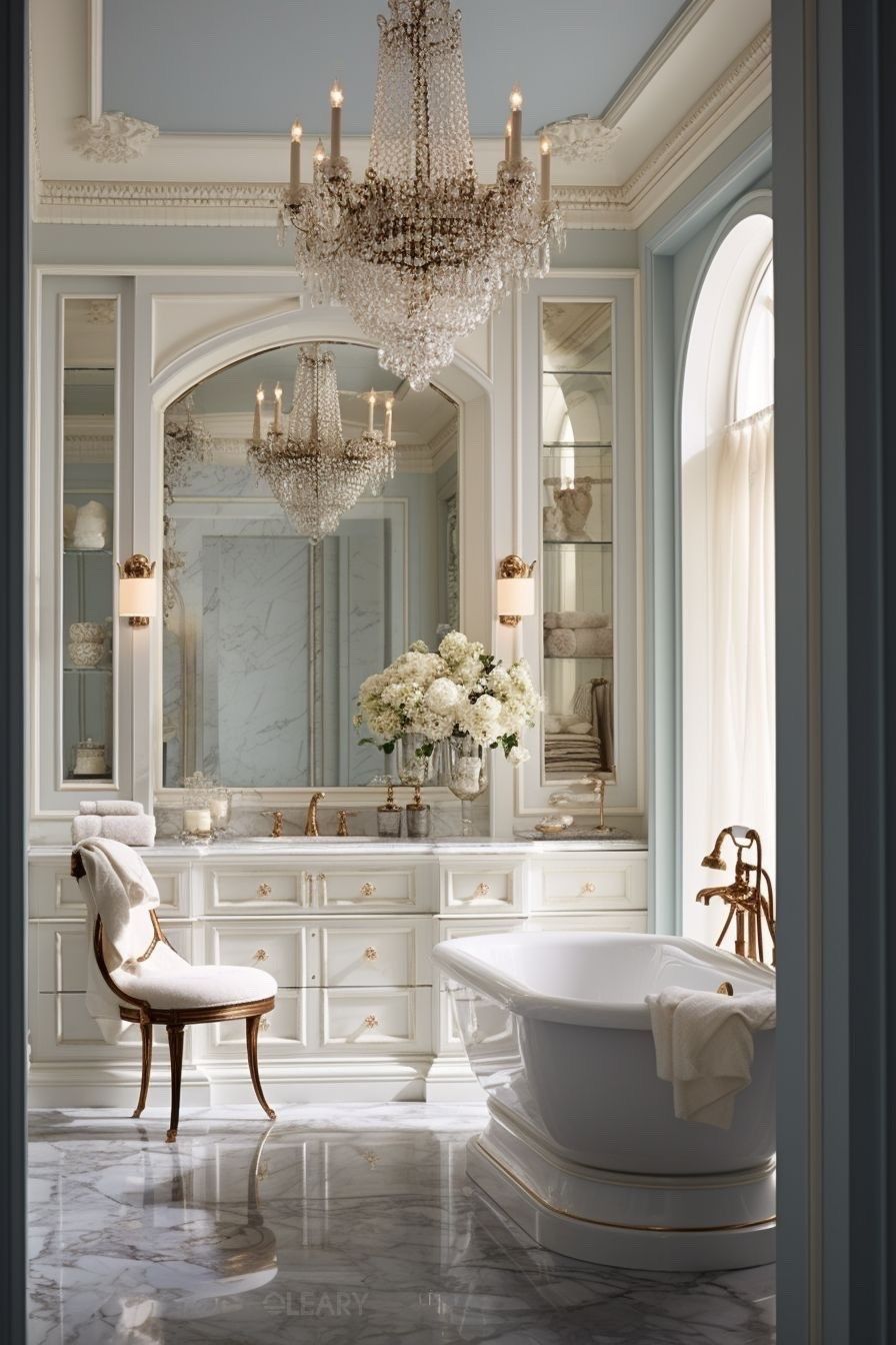 traditional bathroom vanity, freestanding pedestal tub, classic luxury bathroom, furniture style vanity, elegant bathroom design, polished brass faucets, soaking tub, grandmillennial decor