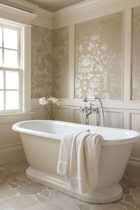 An elegant traditional bathroom featuring a white freestanding pedestal tub with a deck-mounted chrome telephone-style faucet, set against a wall with wainscoting and damask wallpaper.