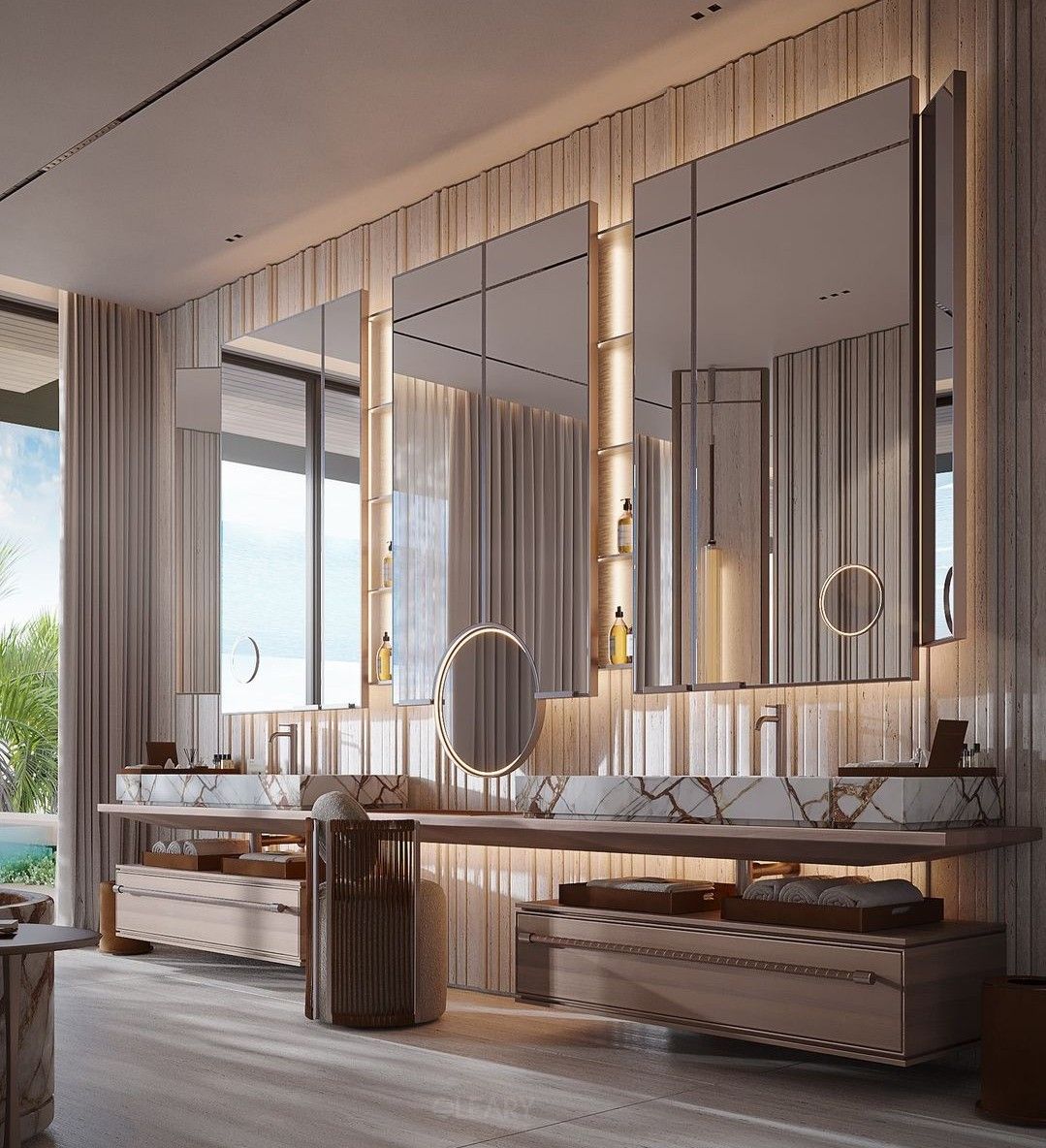 A luxurious double floating bathroom vanity with integrated white marble sinks, sleek wall-mounted faucets, large rectangular custom mirrors with vertical LED lighting, and round backlit mirrors, set against a textured wood panel wall.