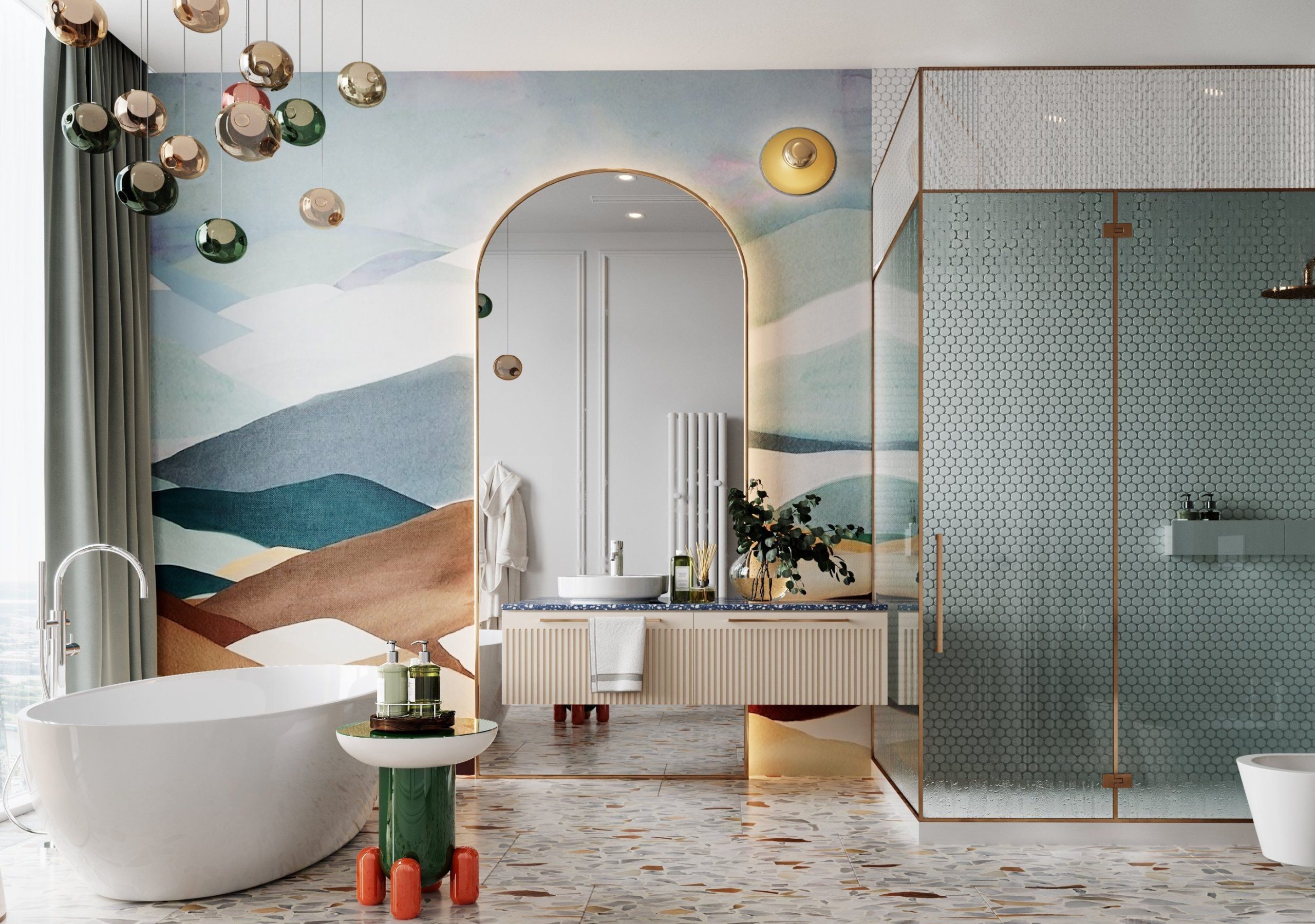 Luxurious modern bathroom with an abstract mountain mural, a curved floating vanity, a large arched gold mirror, a white freestanding oval tub, and multicolored glass pendant lights.