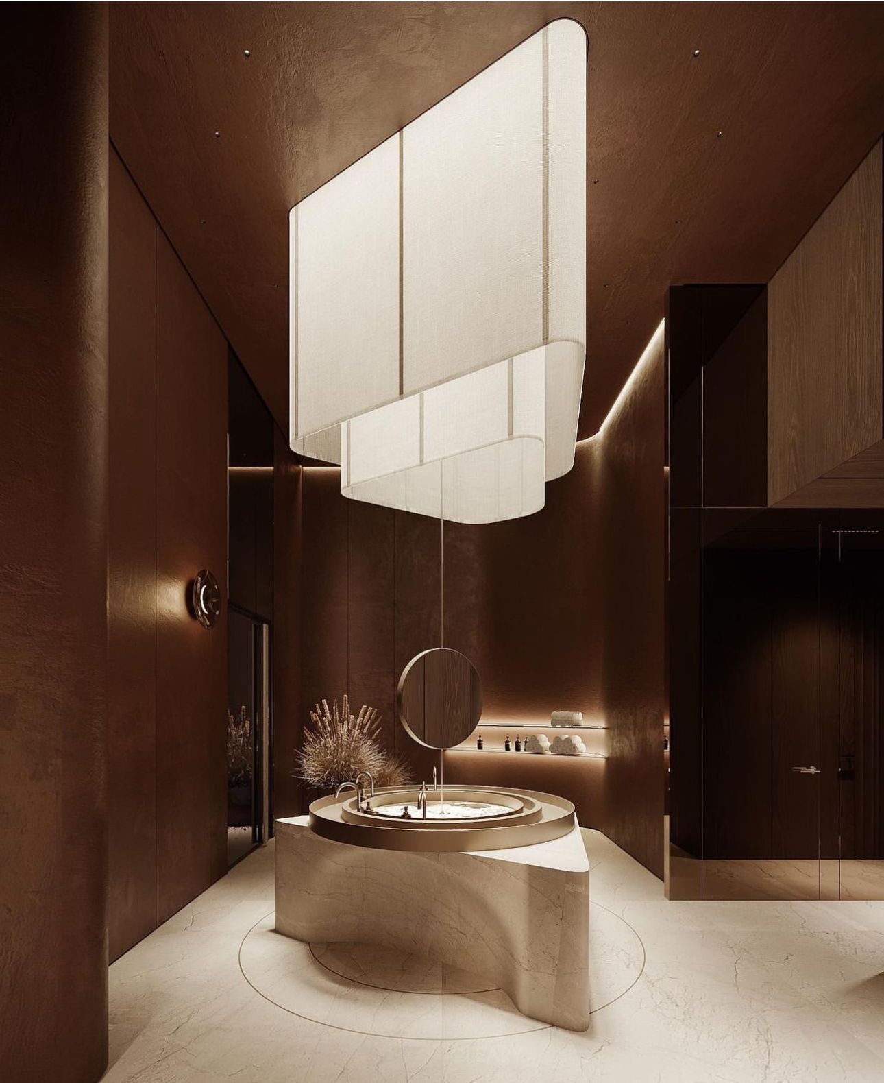Architectural Serenity: Redefining Luxury Bathrooms with Sculptural Central Vanities & Statement Pendant Lights
