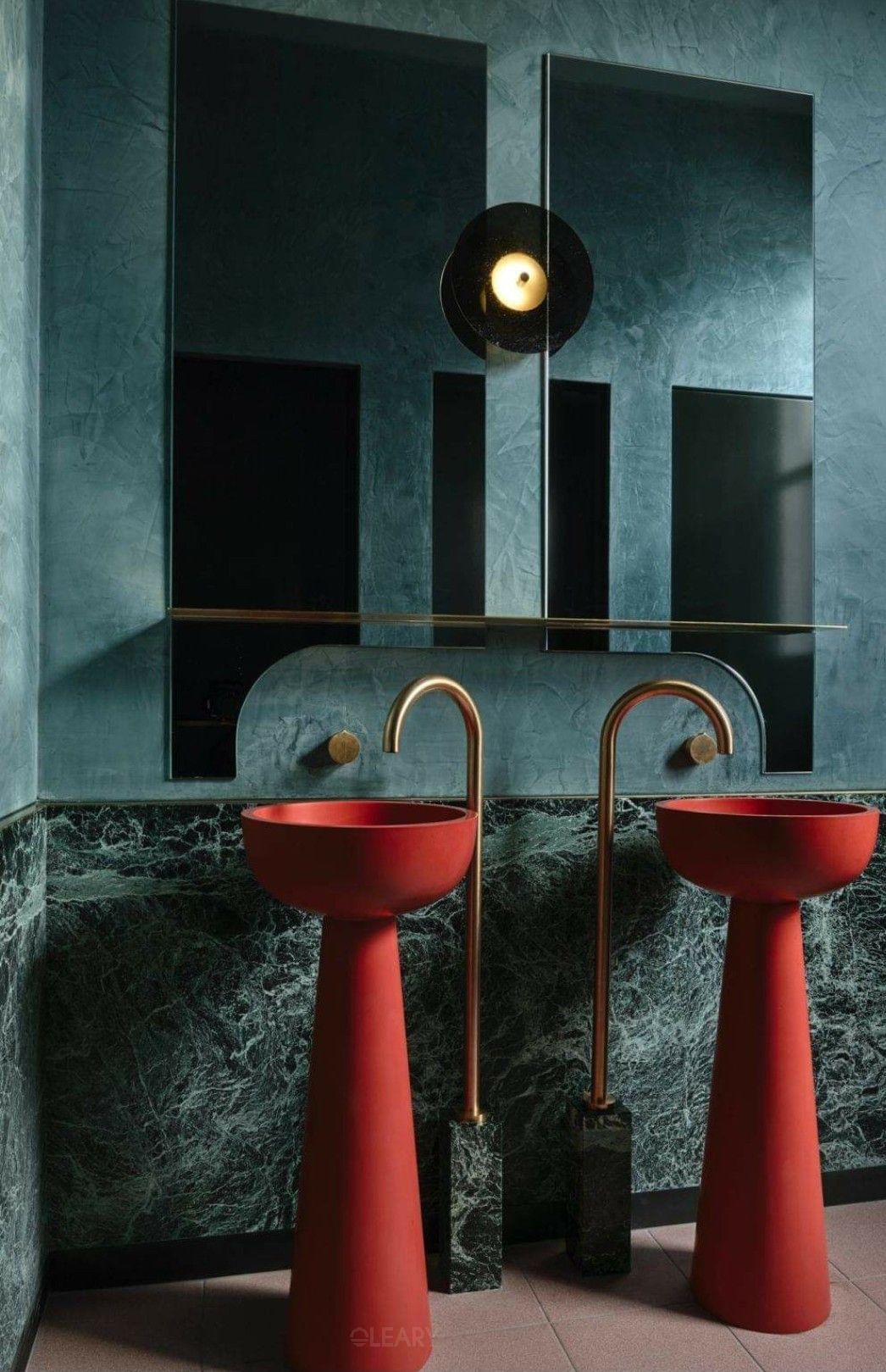 Bold Statements: Elevating Modern Bathrooms with Red Pedestal Sinks & Minimalist Oversized Mirrors