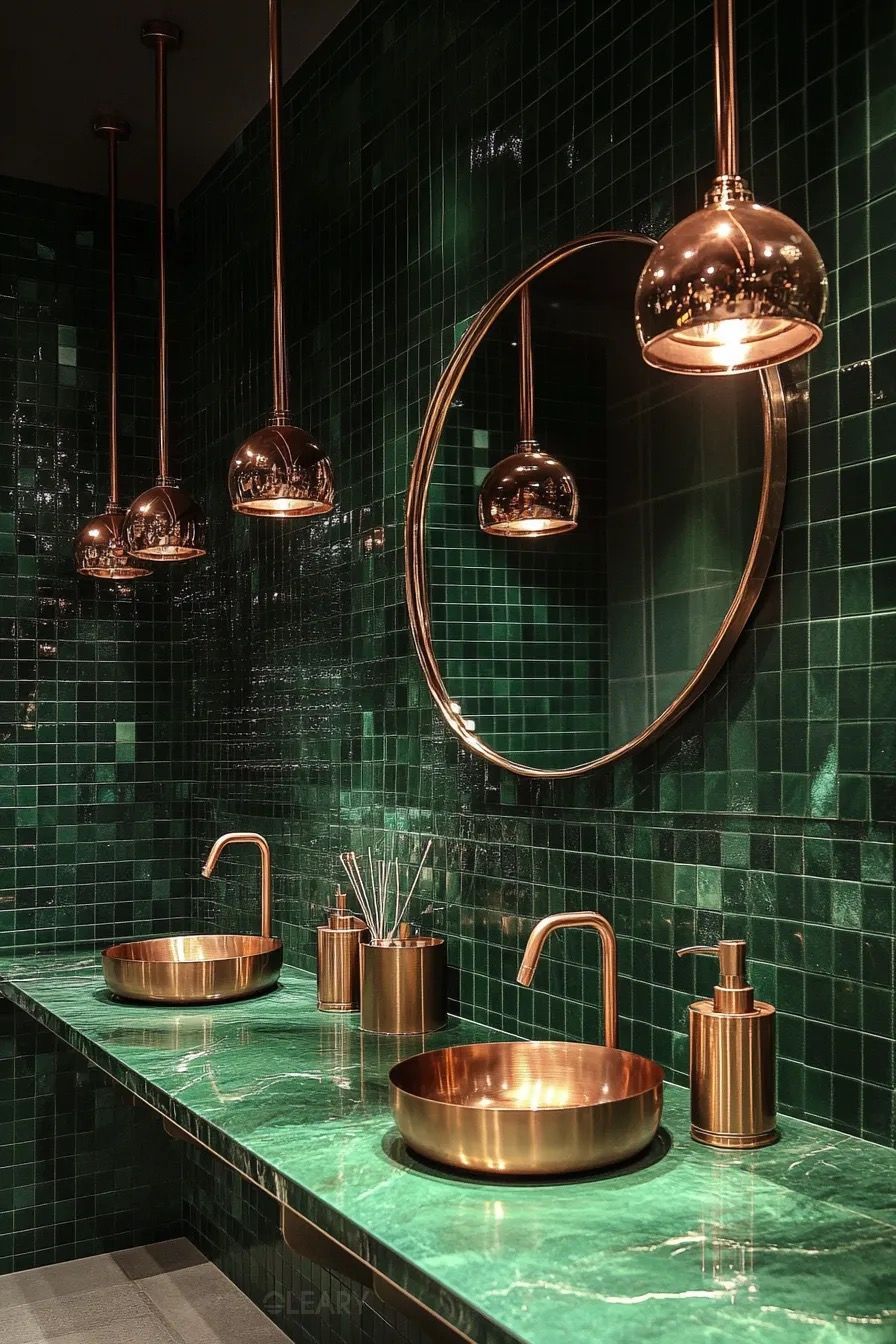 Luxurious modern bathroom with vibrant emerald green glossy subway tiles, a floating green marble vanity, two polished rose gold vessel sinks, and multiple rose gold spherical pendant lights.