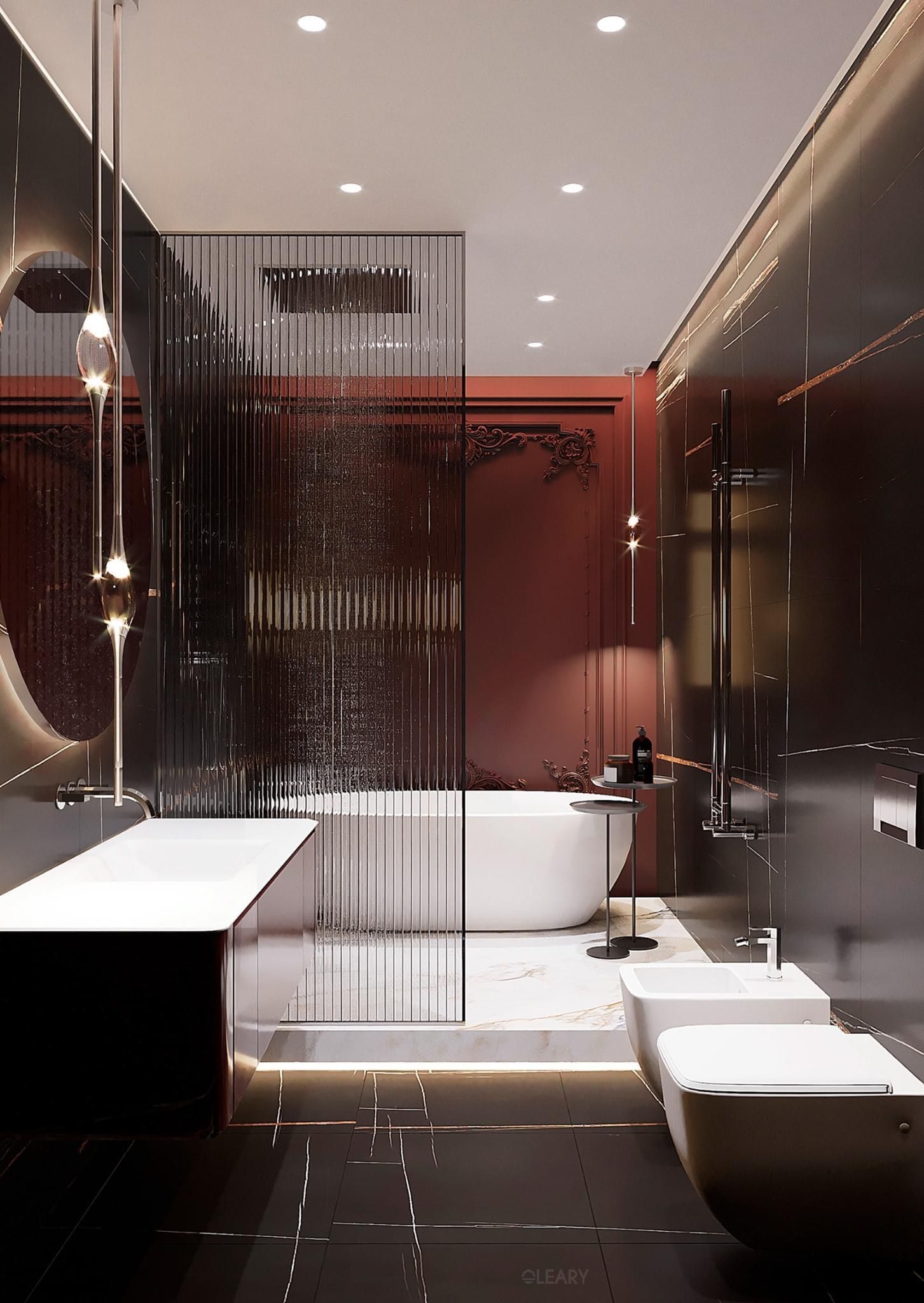Dramatic Contrast: Sculpting Luxury Bathrooms with Dark Marble & Fluted Glass Partitions