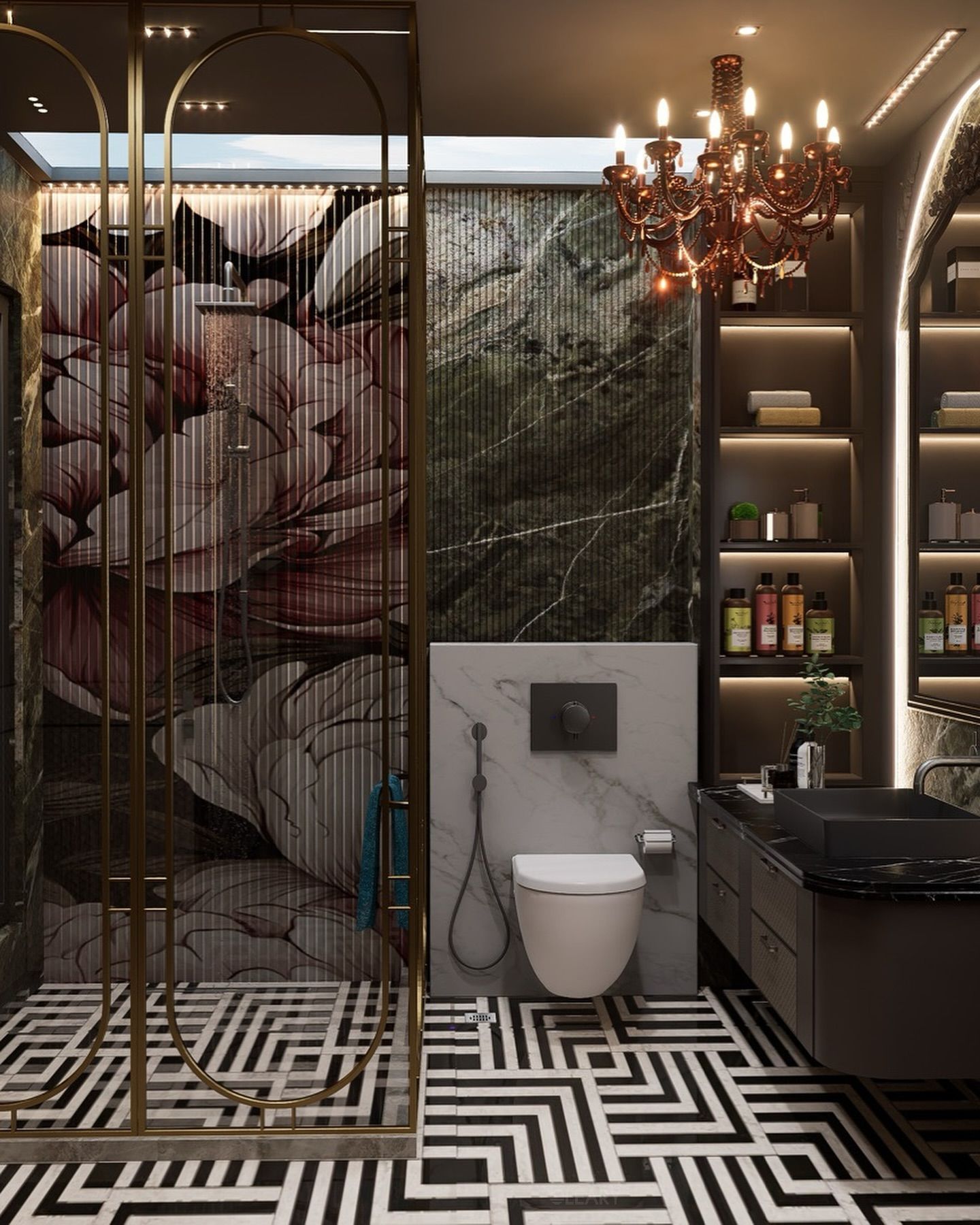 Modern luxury bathroom featuring an artistic custom shower enclosure with large floral patterned glass door and gold frame, alongside black and white geometric floor tiles.