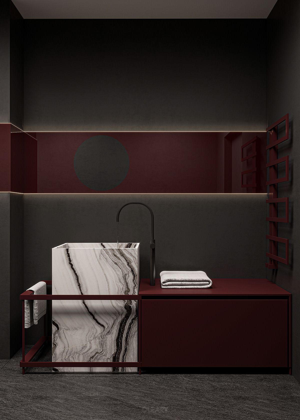 Bold luxury bathroom with a freestanding white and black veined marble washbasin, deep red vanity cabinet with towel rail, dark walls, and horizontal LED strip lighting.