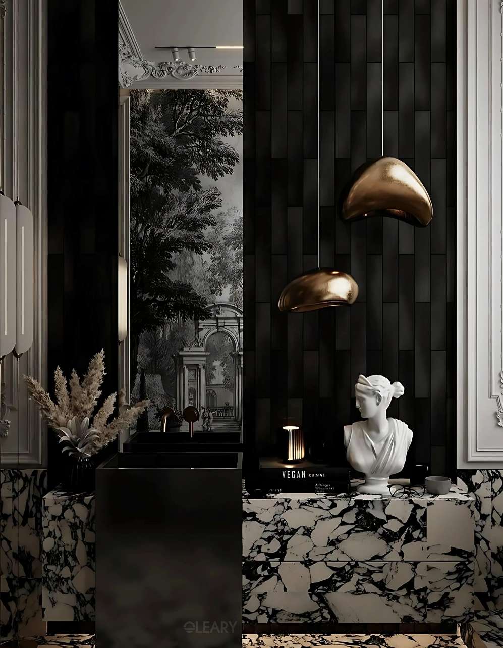 Dramatic luxury bathroom with a black marble vanity, integrated sink, black wall-mounted faucets, large mirror reflecting a black and white landscape mural, ornate white classical paneling, and gold pendant lights.