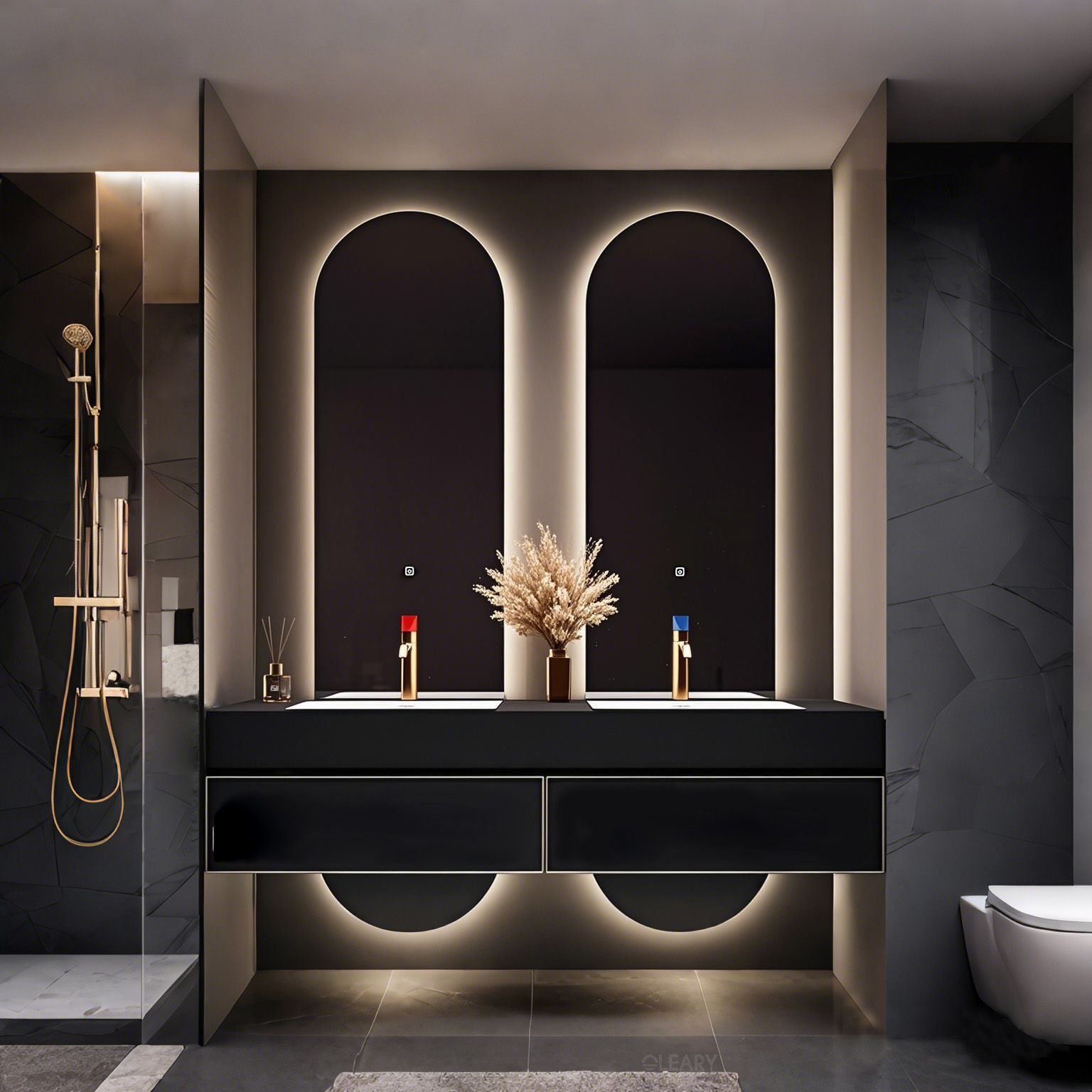 Futuristic luxury bathroom with a black floating double vanity, integrated white sinks, gold faucets with red and blue color accents, arched backlit mirrors, and vertical LED wall lighting.