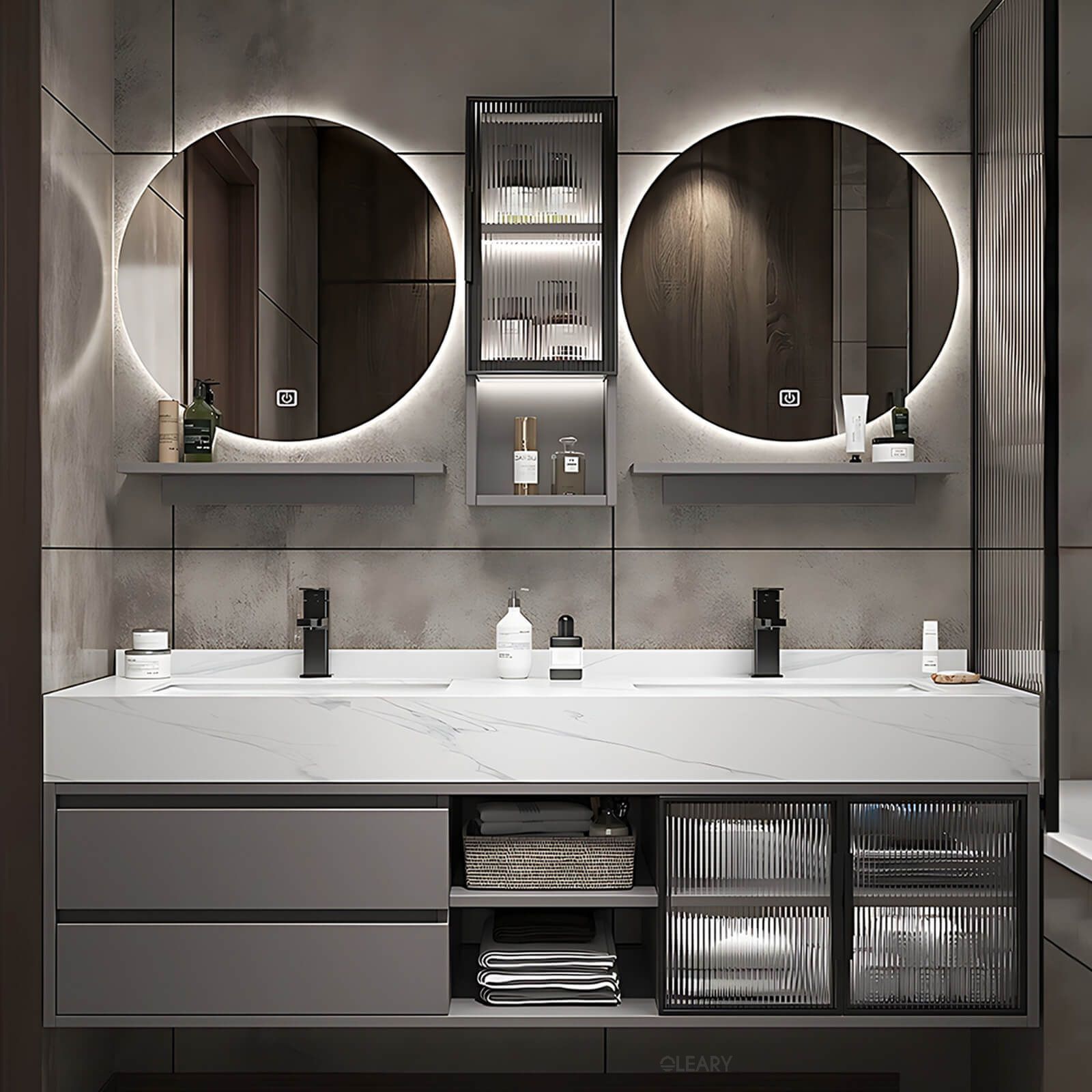 Luxury double bathroom vanity with white marble top, dark grey cabinets, backlit round mirrors, and integrated storage with fluted glass doors.