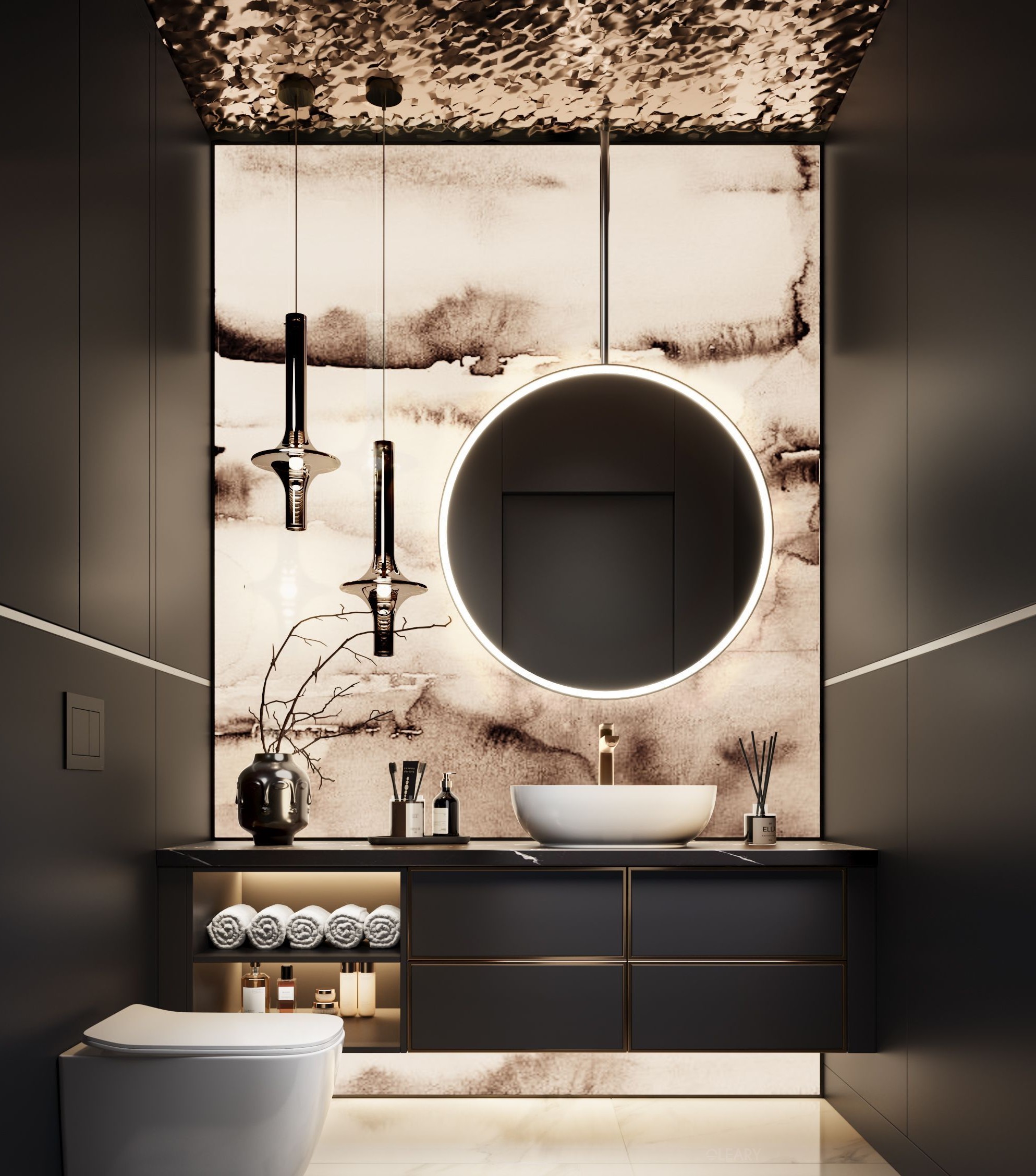 Luxury floating black bathroom vanity with a white vessel sink, backlit round mirror, and an abstract marble-look accent wall in a dramatic modern powder room.